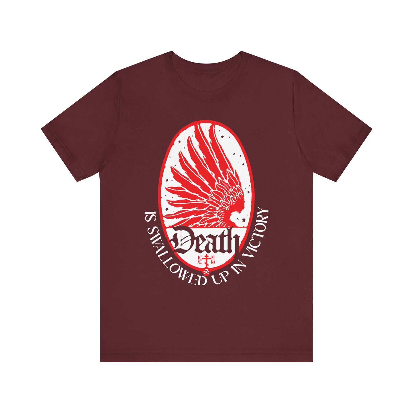 Maroon lightweight unisex tee featuring an Art Nouveau eagle wing, stars, and “Death is Swallowed Up in Victory” (1 Cor 15:54) in white—Orthodox Christian design inspired by incorruption and immortality.