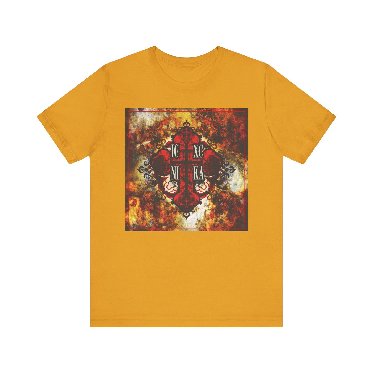 Mustard ICXC NIKA Bold Colorful Textured Red Orthodox Cross Christian Lightweight Cotton Unisex Tee featuring a vibrant red Orthodox cross and Cyrillic text on a fiery background, inspired by the teachings of St Ambrose of Optina: keep Jesus in your heart to guard against unclean thoughts.