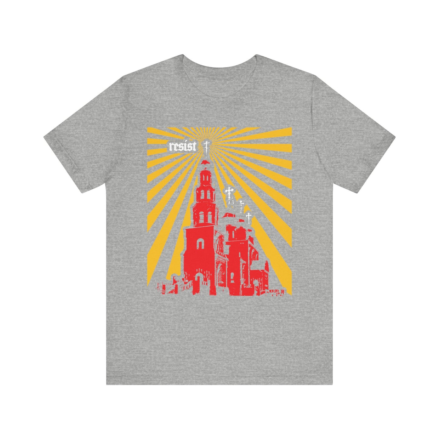 Athletic Heather unisex tee featuring red church designs and yellow sunbeams, with "resist" text near the top left—part of the "Resist (Orthodoxy Against the World)" collection, inspired by St Ignatius Brianchaninov’s reflections on apostasy and how the Orthodox Church serves as a beacon for the world.