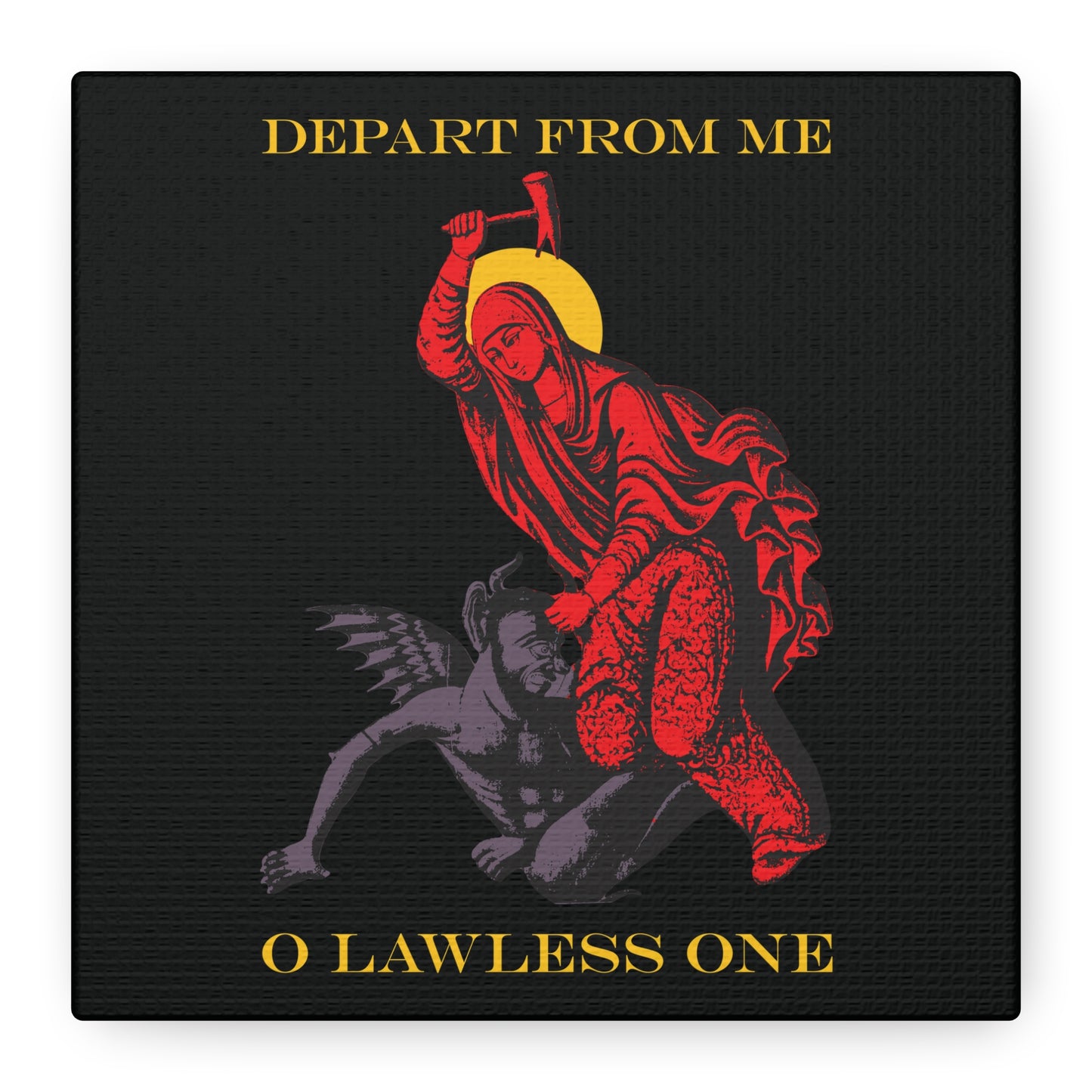 St Marina IconoGraphic (Depart from Me O Lawless One) | Saint Beating the Devil with a Hammer | Orthodox Christian Canvas Art