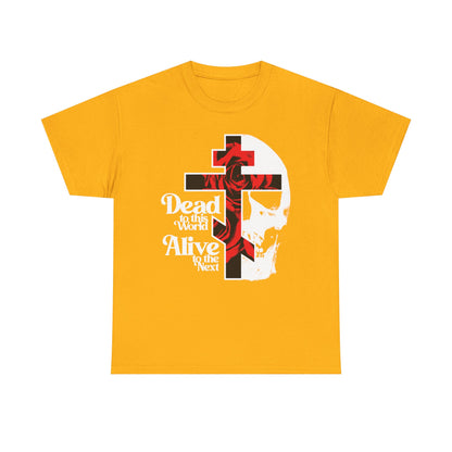 Gold heavy cotton t-shirt featuring a cross, skull, and roses with "Dead to this World, Alive to the Next"—a bestselling Orthodox Christian design inspired by the Ladder of Divine Ascent. 70s typography for a Christian goth look.