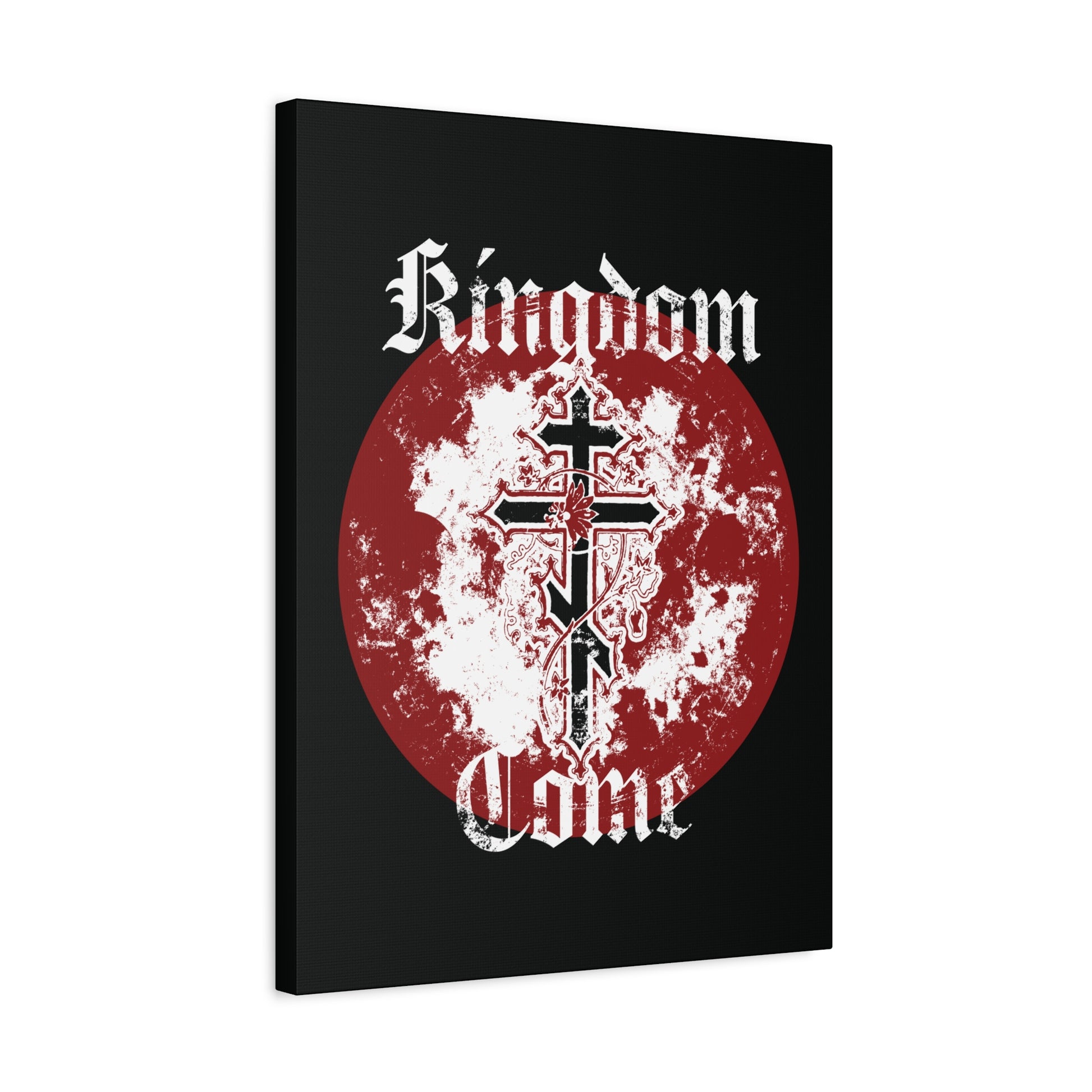 The "Kingdom Come | Lord's Prayer" Orthodox Christian canvas art features ornate black and white Orthodox crosses with vines and textured Gothic font, inspired by the Lord’s Prayer.