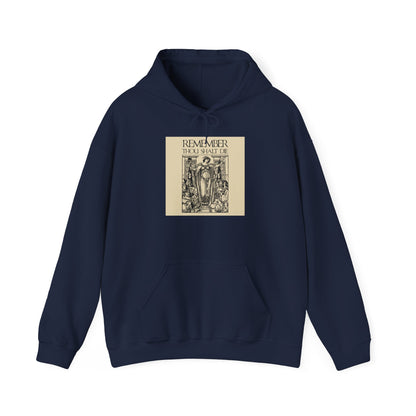 Navy “Remember You Will Die” Shakespearean design hoodie featuring a classic woodcut illustration and the phrase REMEMBER THOU SHALT DIE on the front, inspired by Orthodox Christian memento mori themes.