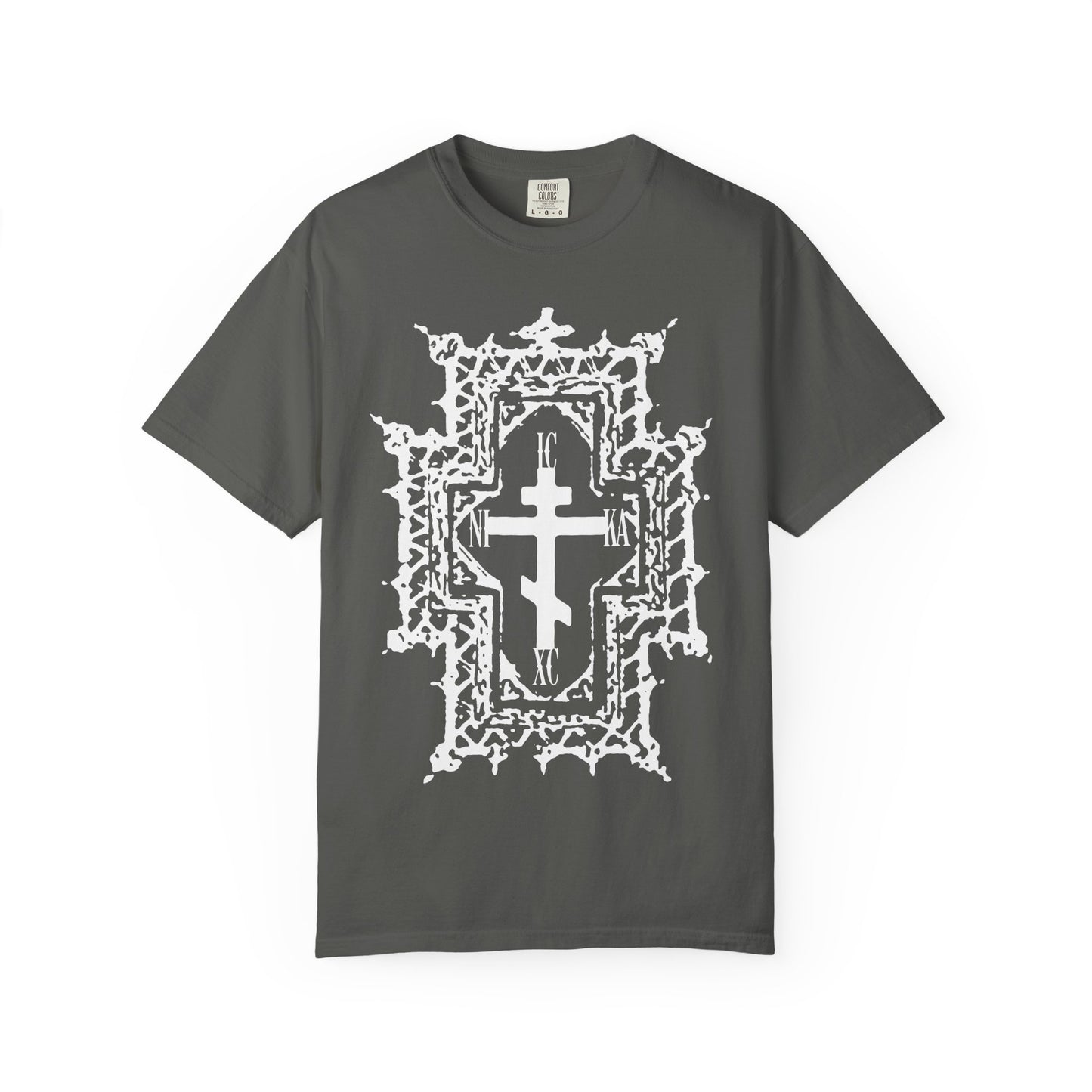Pepper-colored heavyweight cotton unisex tee featuring a large white Orthodox cross in Gothic cathedral style, encircled by a crown of thorns and an intricate border on the front—symbolizing Jesus Christ’s victory over suffering, with “ICXC NIKA” and “Healed By His Wounds” design elements.