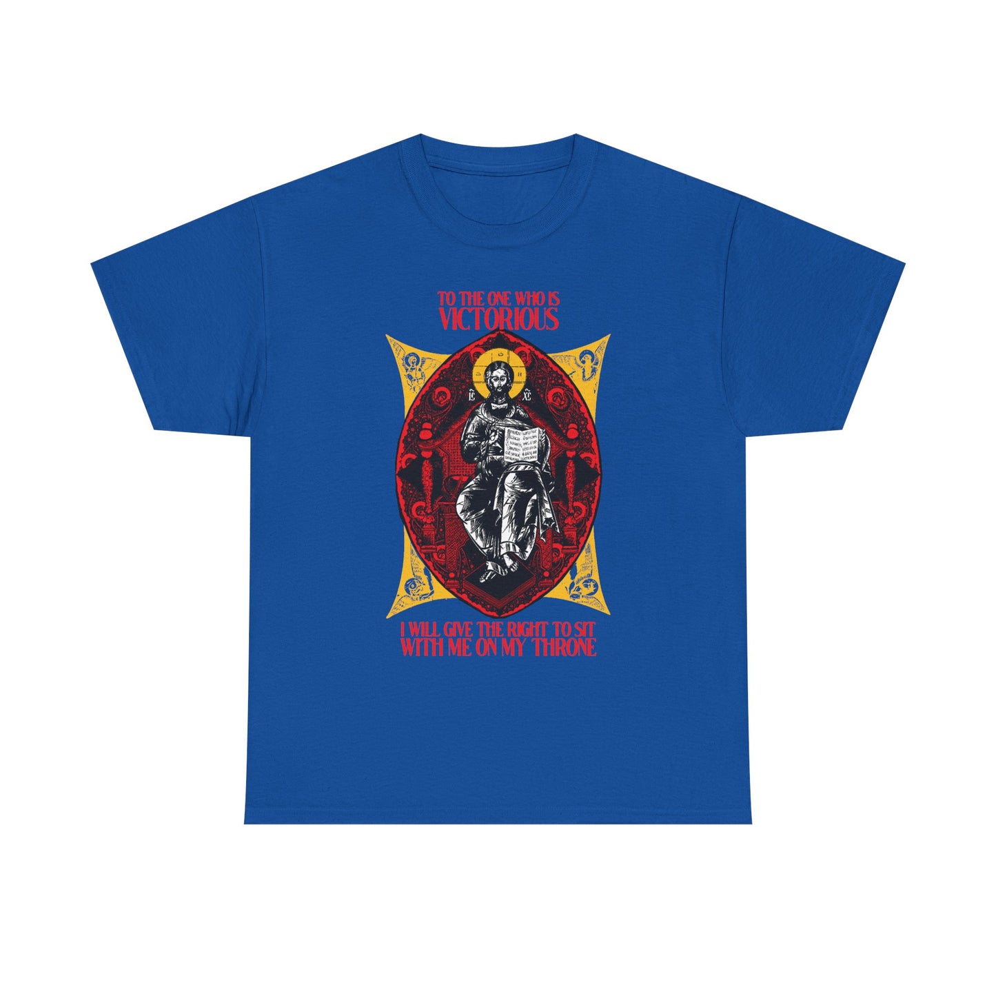 Royal blue "Christ is King, Enthroned In Glory IconoGraphic" tee with a crowned seated figure and bold red "To the One Who Is Victorious (Rev 3:21)" text, symbolizing reigning with Christ—Orthodox Christian unisex midweight cotton.