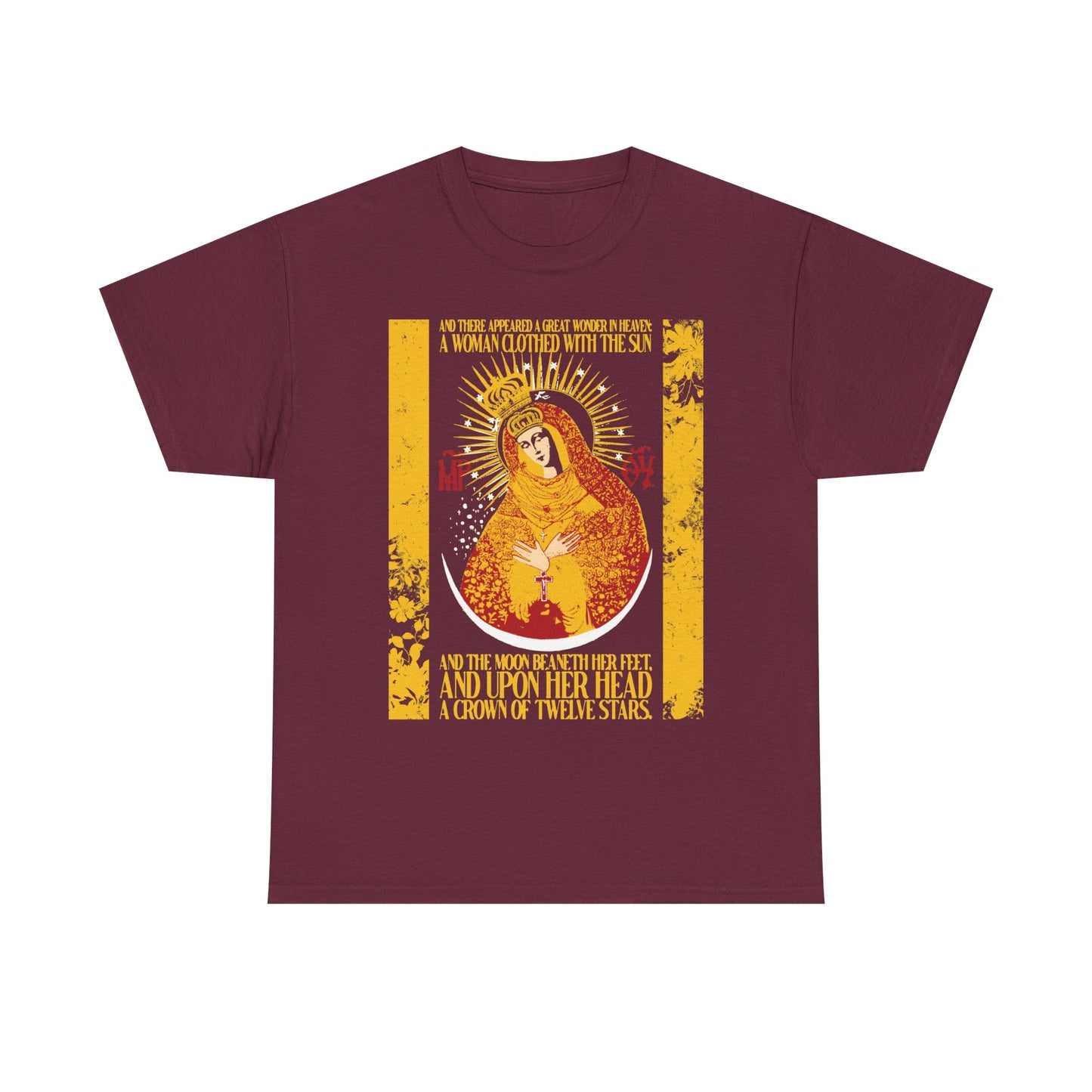 Maroon "Our Lady the Gate of Dawn" midweight cotton unisex t-shirt, featuring a gold floral texture design of the Theotokos as the Woman of the Apocalypse from Rev 12:1—illustrated in yellow and surrounded by rays and biblical text, depicting her clothed with the sun and bathed in uncreated light.