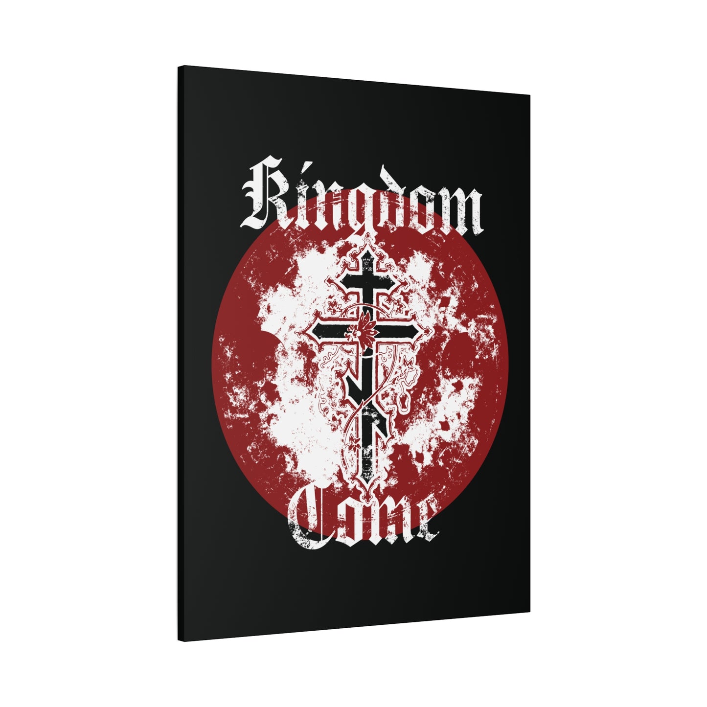 Black canvas featuring a red and white Orthodox cross with vine, “Thy Kingdom Come” in textured gothic font—Orthodox Christian art inspired by the Lord’s Prayer.