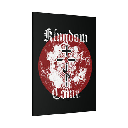 Black canvas featuring a red and white Orthodox cross with vine, “Thy Kingdom Come” in textured gothic font—Orthodox Christian art inspired by the Lord’s Prayer.