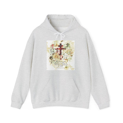 Preparing For Death | White & Beige Floral Scrapbook Texture Cross | Arts & Crafts Style | St Irenaeus | Orthodox Christian Hoodie