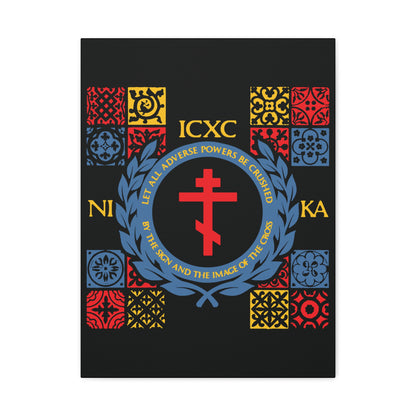 Let All Adverse Powers Be Crushed (Red, Yellow & Blue Design) | ICXC NIKA | Medieval Tile Design | Orthodox Christian Canvas Art