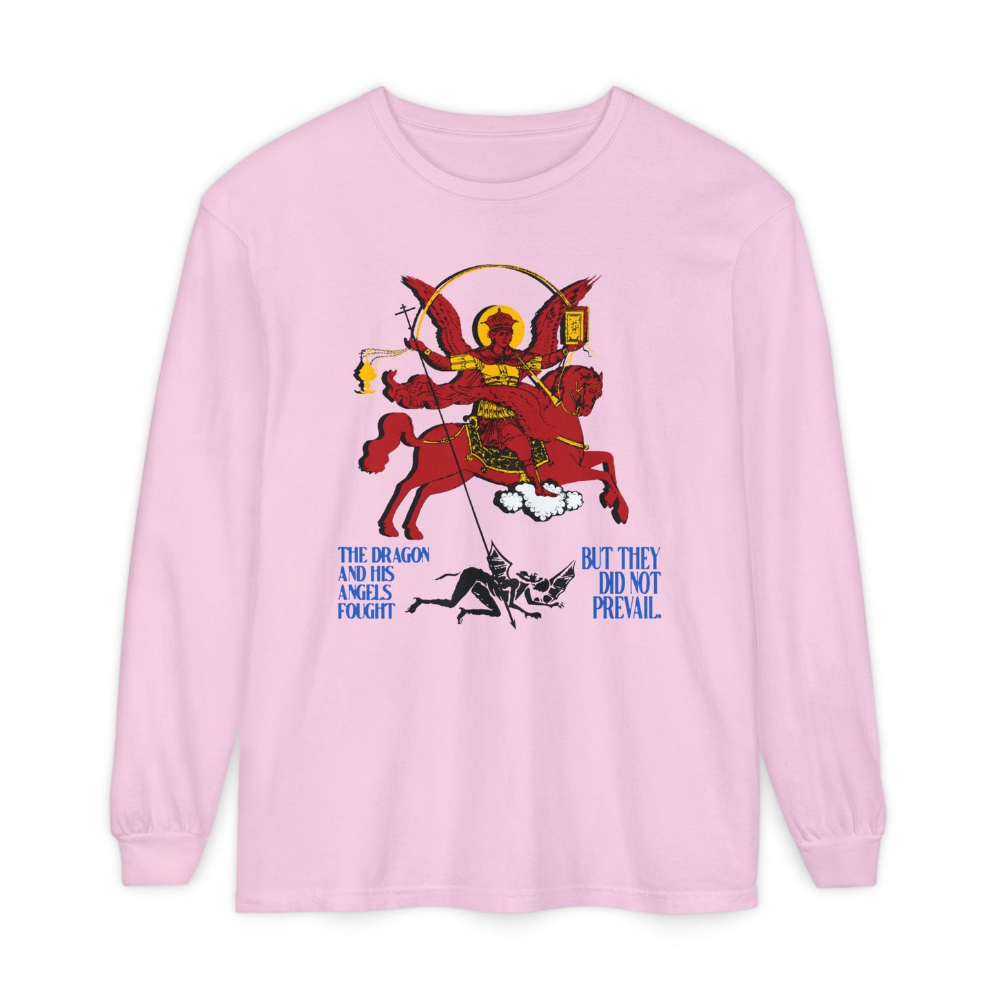 Apocalyptic St Michael Icono-Graphic (Rev 12:7-8) | Red Angel & Horse | Blue Lettering | Orthodox Christian Cotton Long Sleeve Shirt