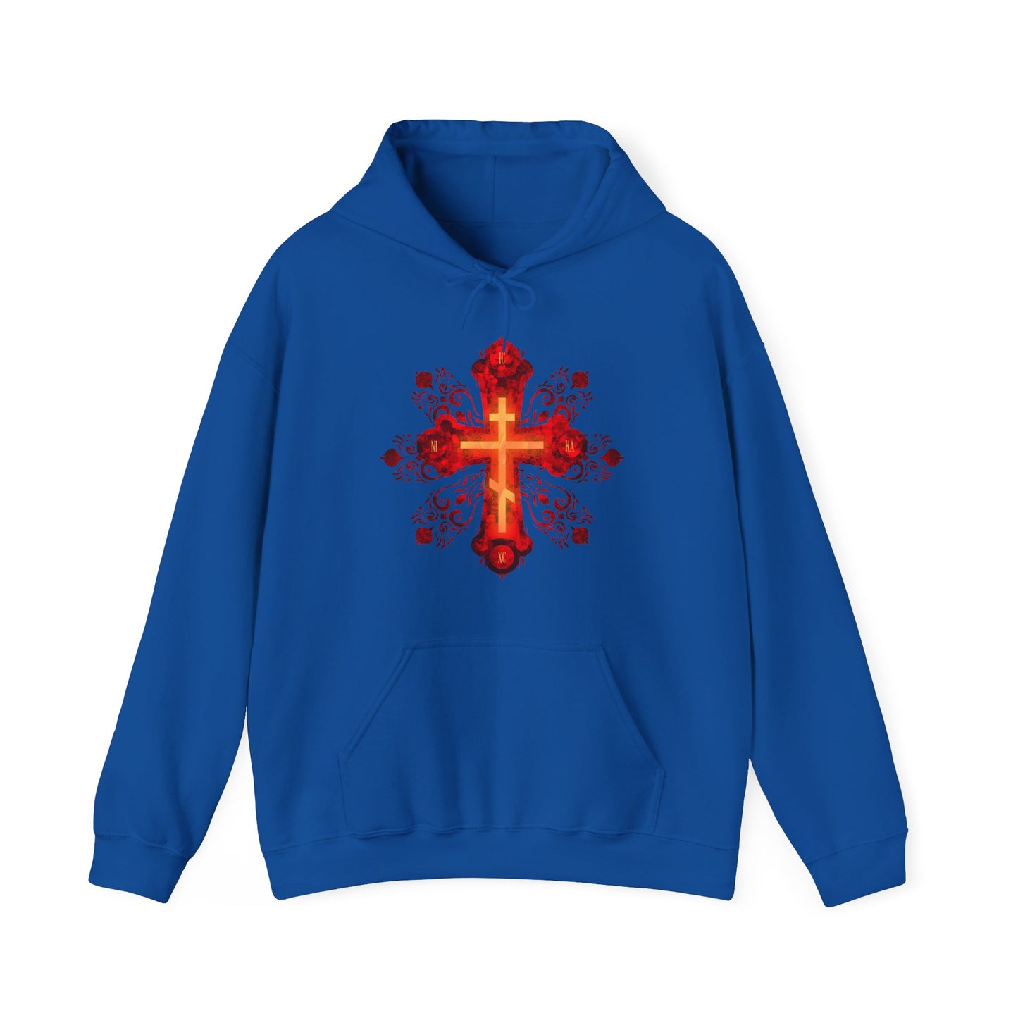 Royal hoodie featuring a red and gold ornate Russian style Orthodox cross and "He was pierced for our transgressions"—a tribute to faith, strength, and the precious life-giving journey of an Orthodox Christian.