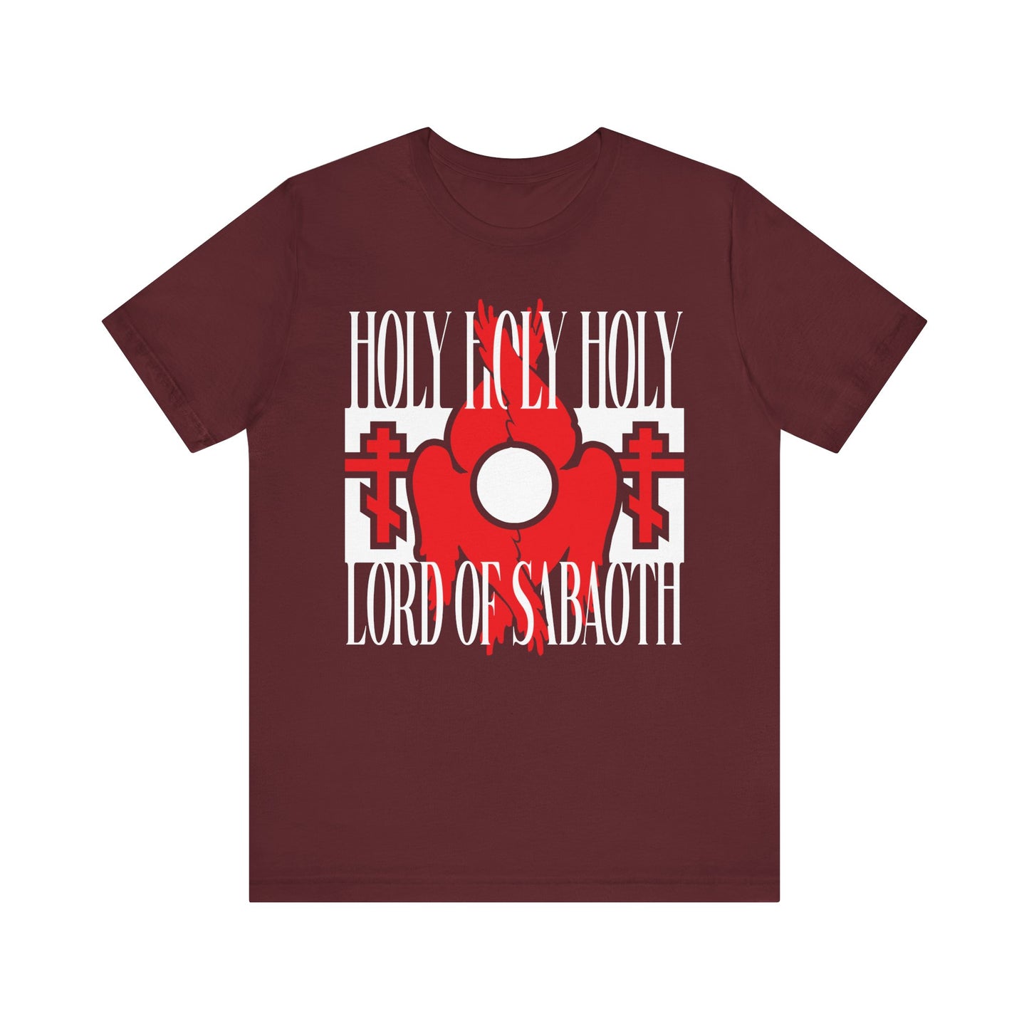 Maroon "Holy Holy Holy Lord of Sabaoth" (Isaiah 6:3) tee featuring red seraphim wings and Orthodox crosses, inspired by the Divine Liturgy and angelic imagery. Lightweight unisex cotton shirt for Christians.
