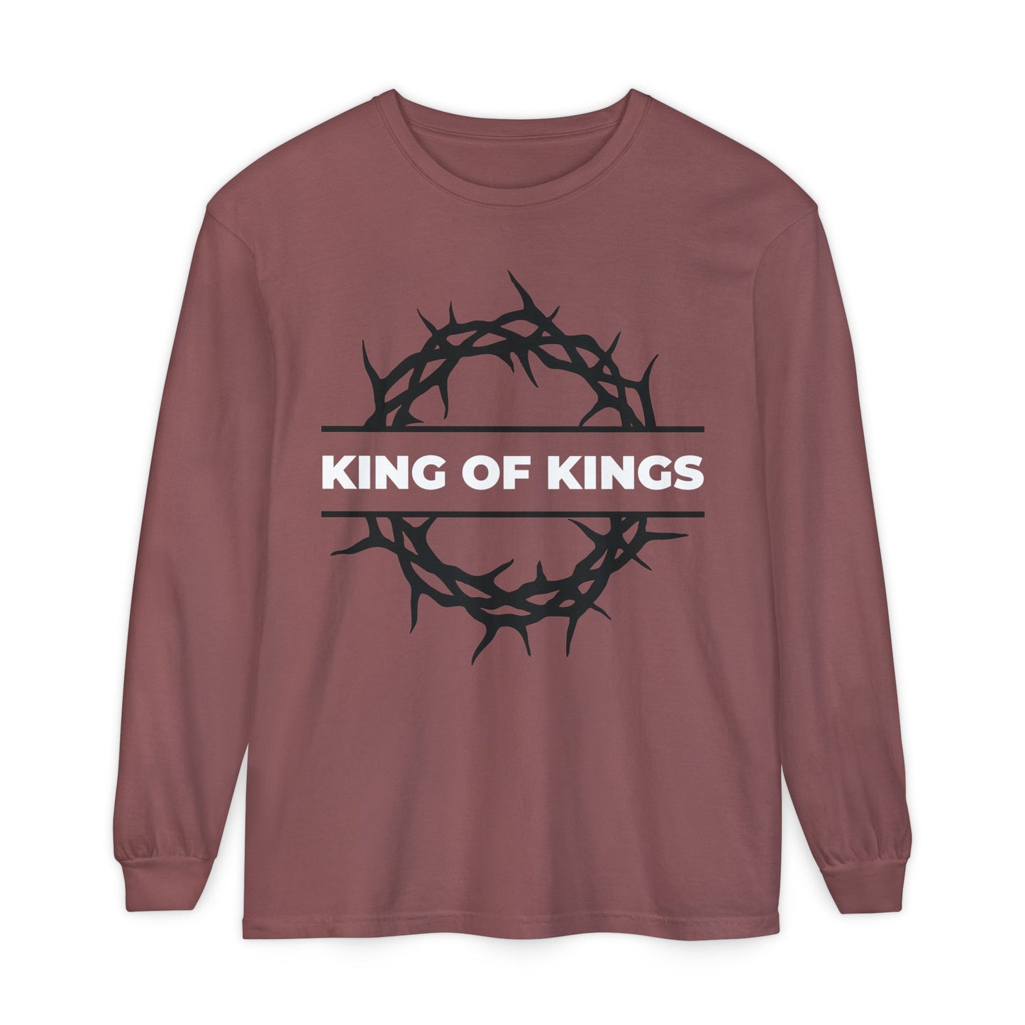 Brick long-sleeve cotton shirt featuring a crown of thorns and bold “KING OF KINGS” text, inspired by Revelation 19:16. King of Kings Crown of Thorns | The King of Glory | Christ is King Christian Shirt.
