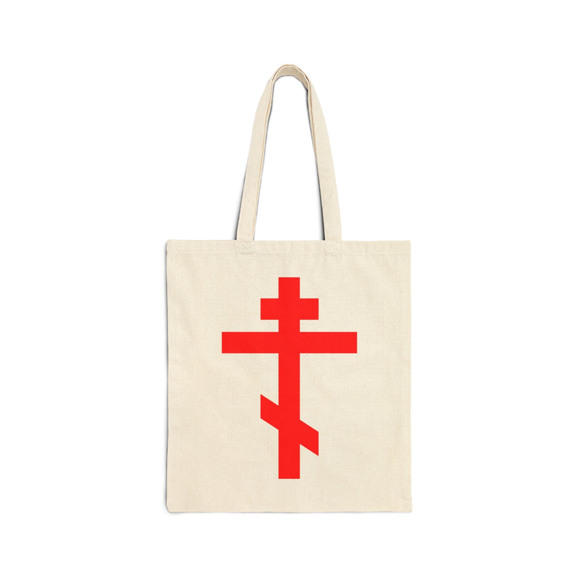 Natural cotton tote bag featuring a bold red Orthodox Cross and the phrase "Preserve Thy People By Thy Cross, O Lord," inspired by Christian faith and the Troparion of the Cross.