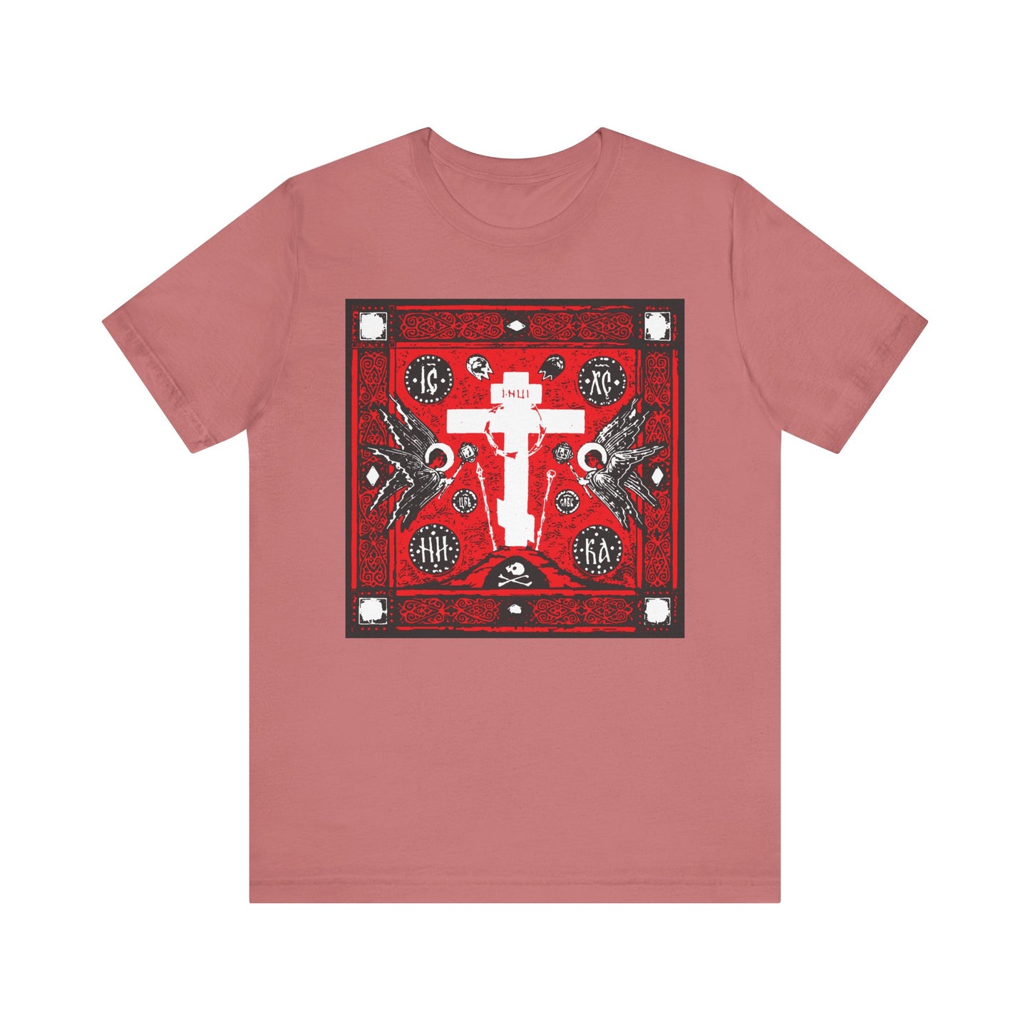 Mauve unisex t-shirt featuring the "Adoration of Holy Cross IconoGraphic"—a striking red, white, and black Russian cross design with angels, printed on lightweight cotton.