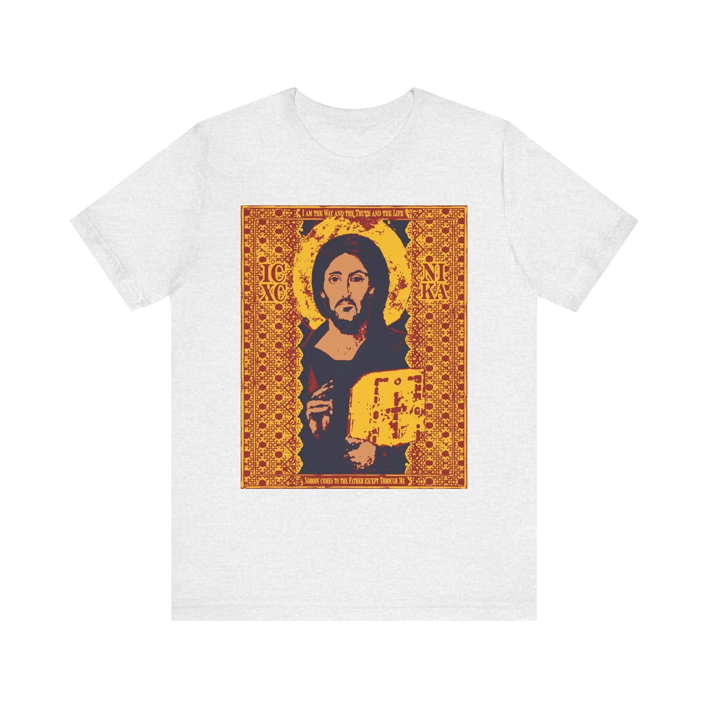 Ash-colored unisex lightweight cotton tee featuring the Jesus Christ Sinai Pantocrator IconoGraphic with ICXC NIKA and ornate patterns, displaying the phrase "I am the Way" from John 14:6.