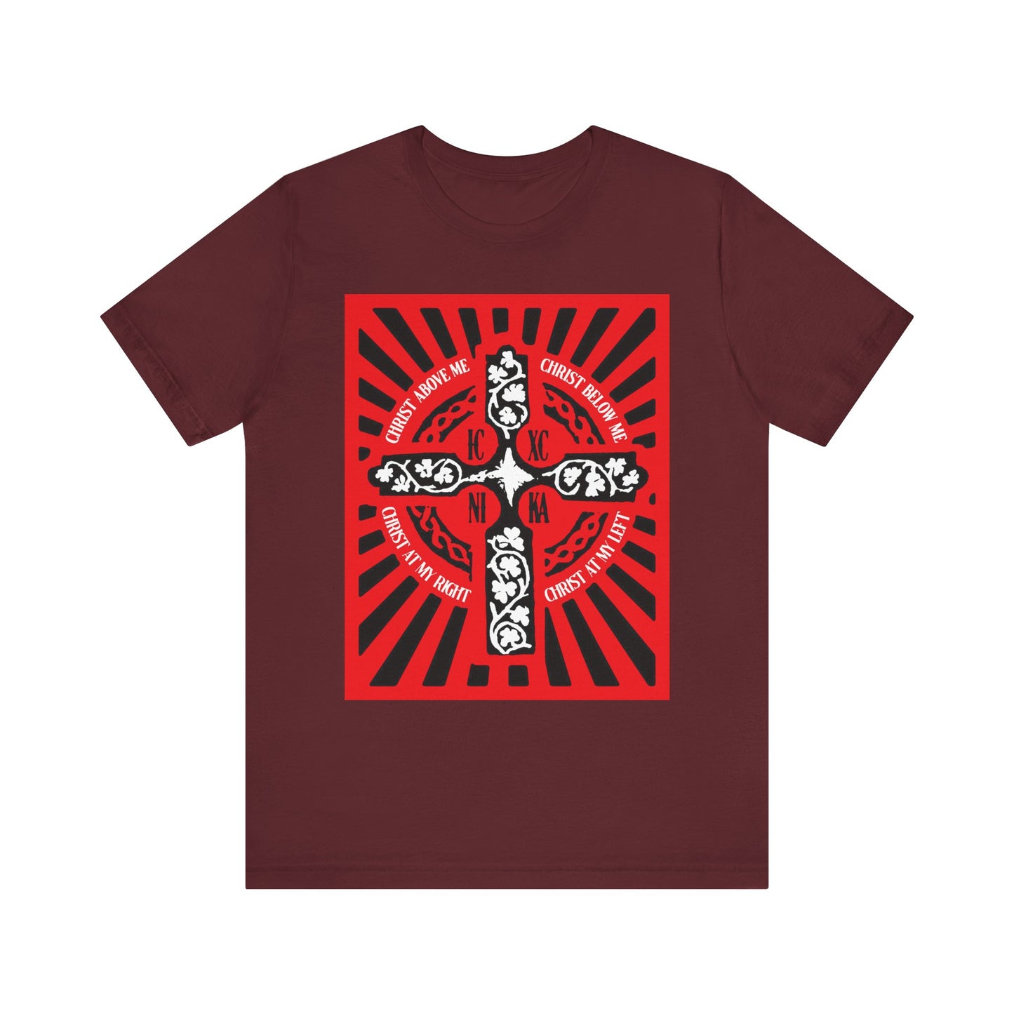 Maroon Red ICXC NIKA Enniskillen Celtic Cross T-shirt, adorned with a black and white Celtic cross, radiant red rays, and uplifting Orthodox Christian phrases inspired by the Lorica (Shield Prayer) of St. Patrick—blending timeless prayer with striking design in a lightweight cotton unisex tee.