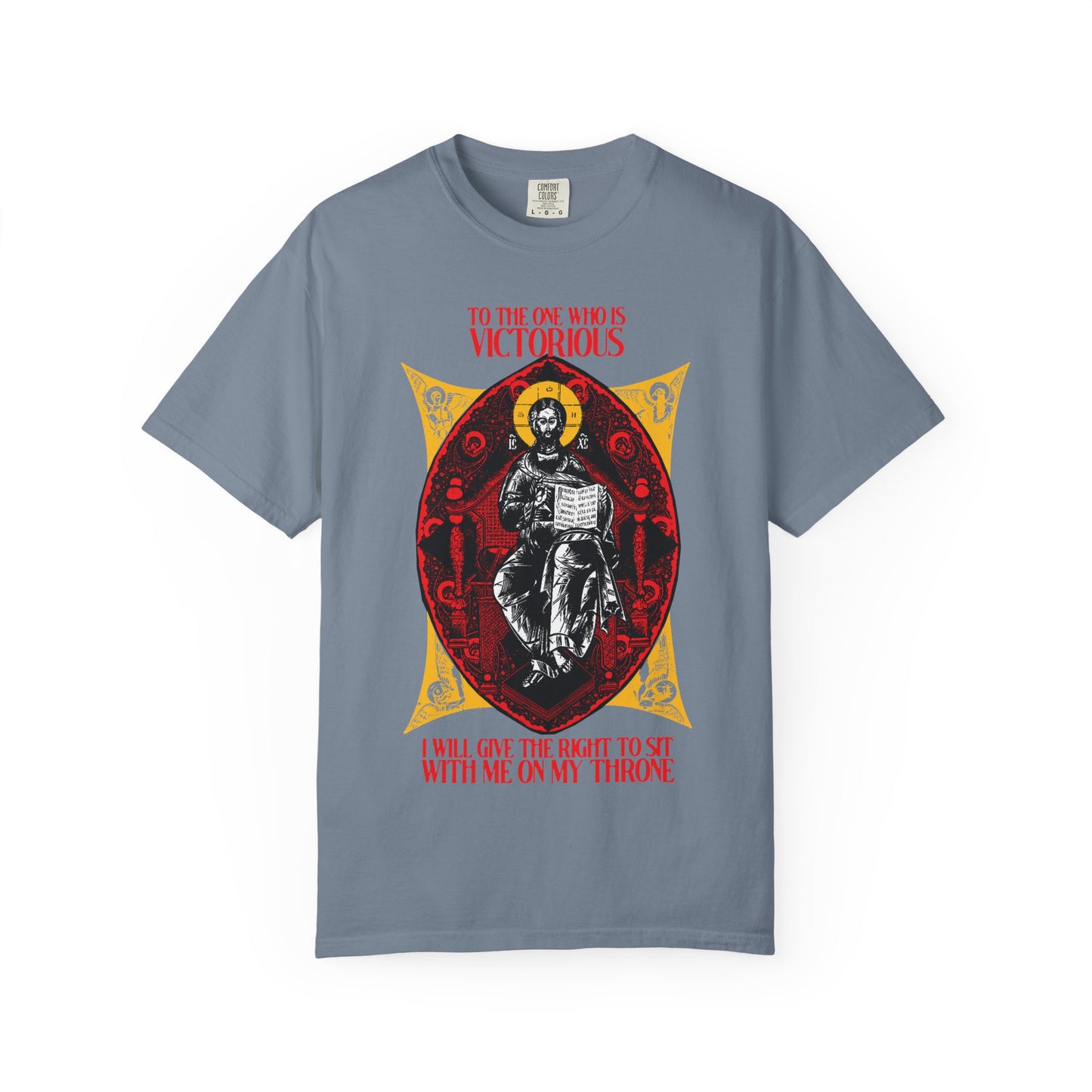 Blue Jean heavyweight cotton tee, "Christ is King, Enthroned In Glory IconoGraphic," features Orthodox Christian art with red text: "To the One Who Is Victorious" (Rev 3:21). Unisex fit—celebrate Christ’s promise to reign.