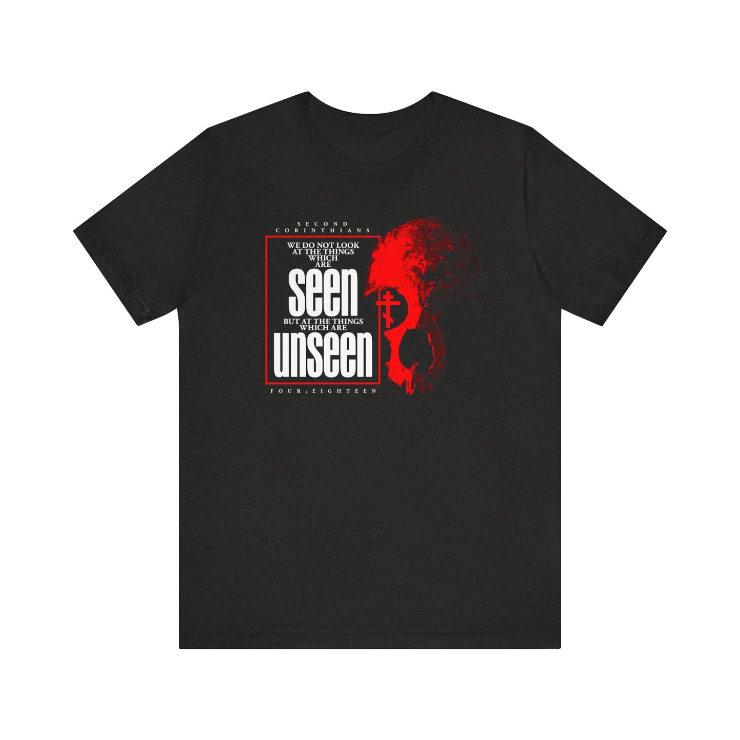 Black Heather unisex tee titled "We Do Not Look At the Things Which Are Seen (St. Paul)" features a red skull and Orthodox cross on the right, with white text above and below that highlights the contrast between light affliction and eternal glory, all inspired by 2 Corinthians 4:16-18 and designed in a horror aesthetic.