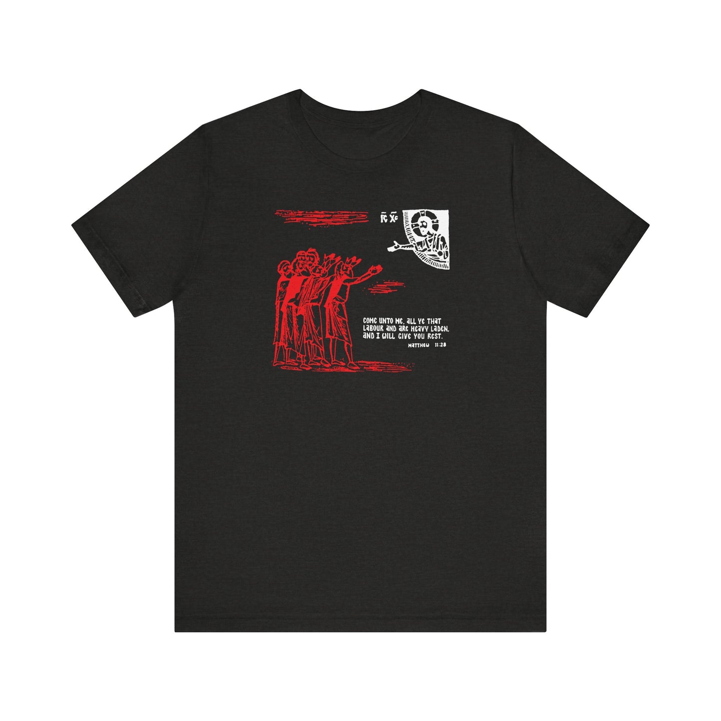 Black Heather t-shirt featuring a red iconographic design with a skeleton holding a sign, and white text from Matt. 11:28 ("Come Unto Me All Ye That Labour & Are Heavy Laden") inspired by St. Cyril of Alexandria, printed above and below the graphic.