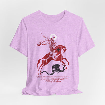 Those Who Mourn Over Their Sins lightweight lavender tee features a red St George slaying the dragon IconoGraphic and text on mourning and comfort, drawing inspiration from St John Climacus’s Orthodox Christian teachings on sorrow according to God.