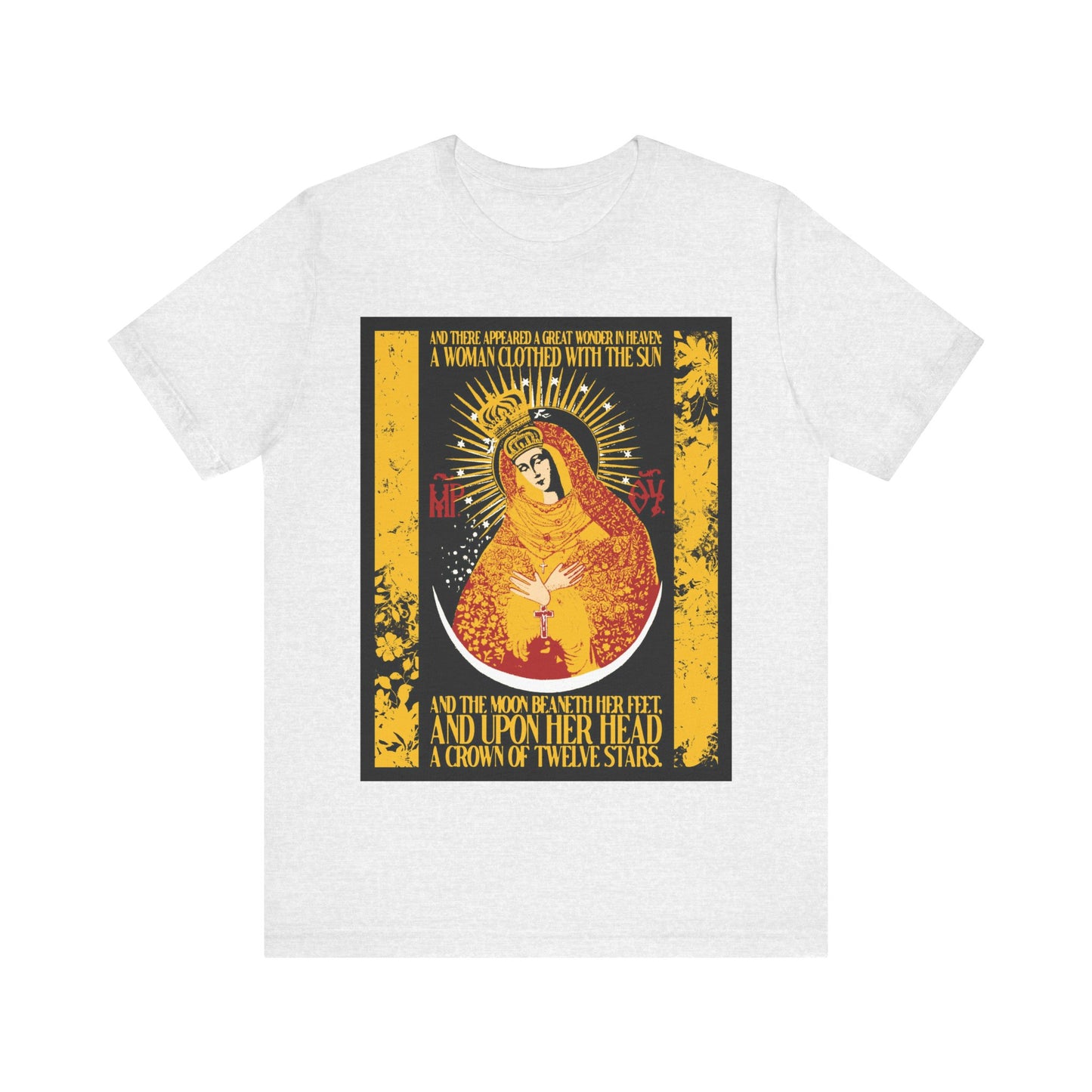 Our Lady the Gate of Dawn | Woman of the Apocalypse Rev 12:1 | Theotokos Gold Floral Texture Design | Orthodox Christian Cotton T-Shirt