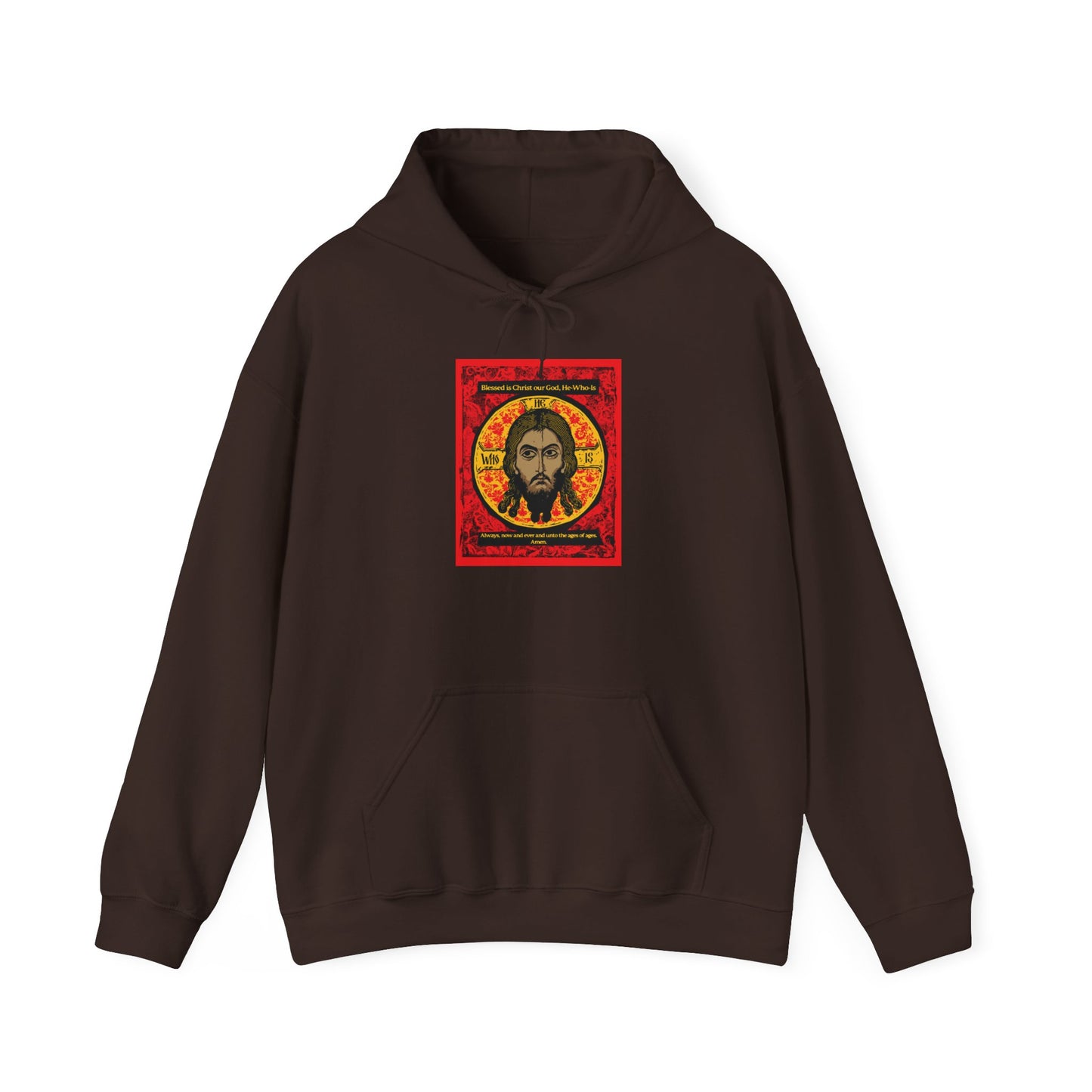 Dark chocolate hoodie featuring the “Made Without Hands (Mandylion/Image of Edessa)” design—a vibrant rectangular graphic of Jesus Christ inspired by Orthodox iconography, adorned with bold red, black, and yellow patterns that evoke the reverence and artistry found in traditional Orthodox Christian prayer imagery.