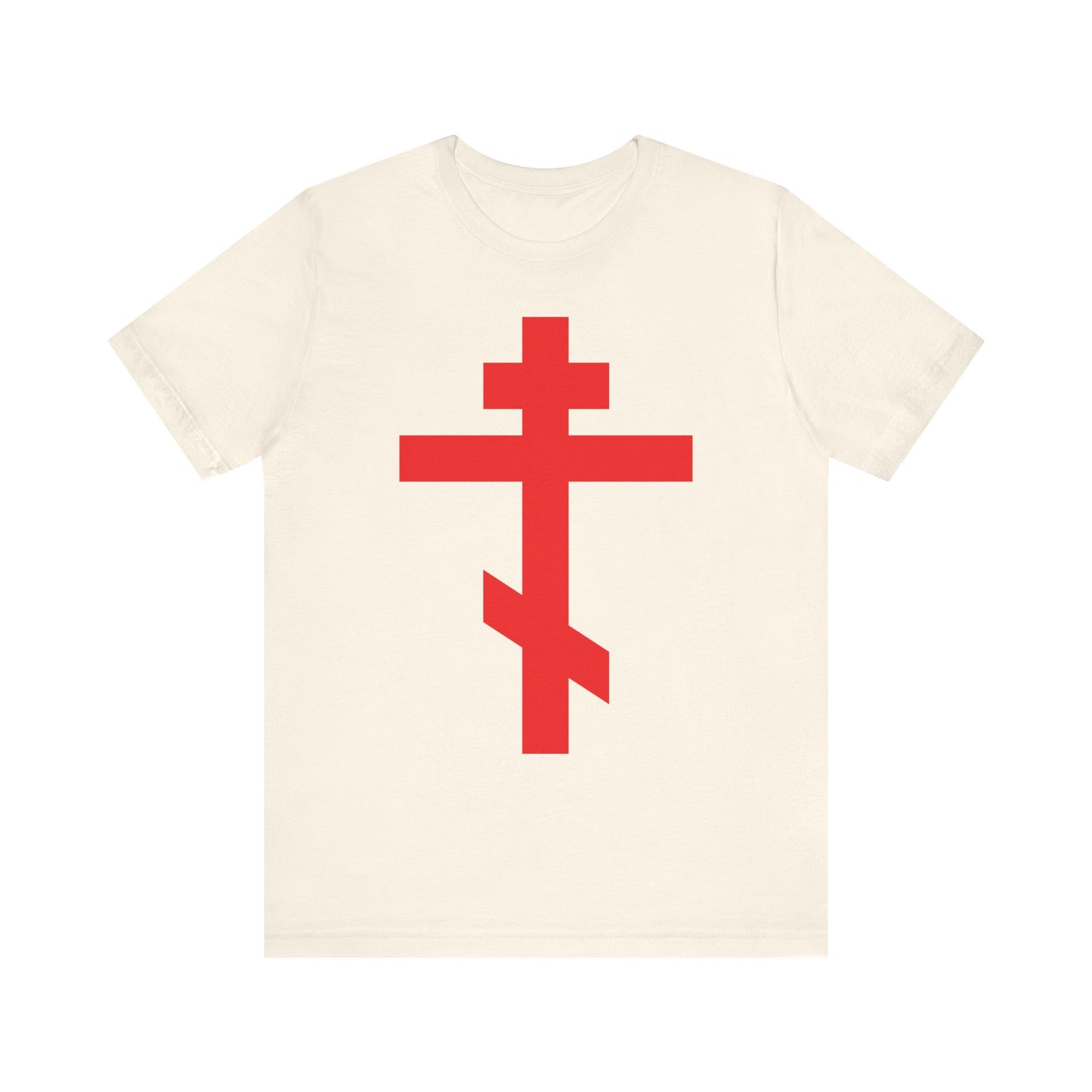 Natural cotton unisex t-shirt with a bright red Orthodox Cross on the front, inspired by "Preserve Thy People By Thy Cross, O Lord." Lightweight and comfortable—perfect for expressing your faith.
