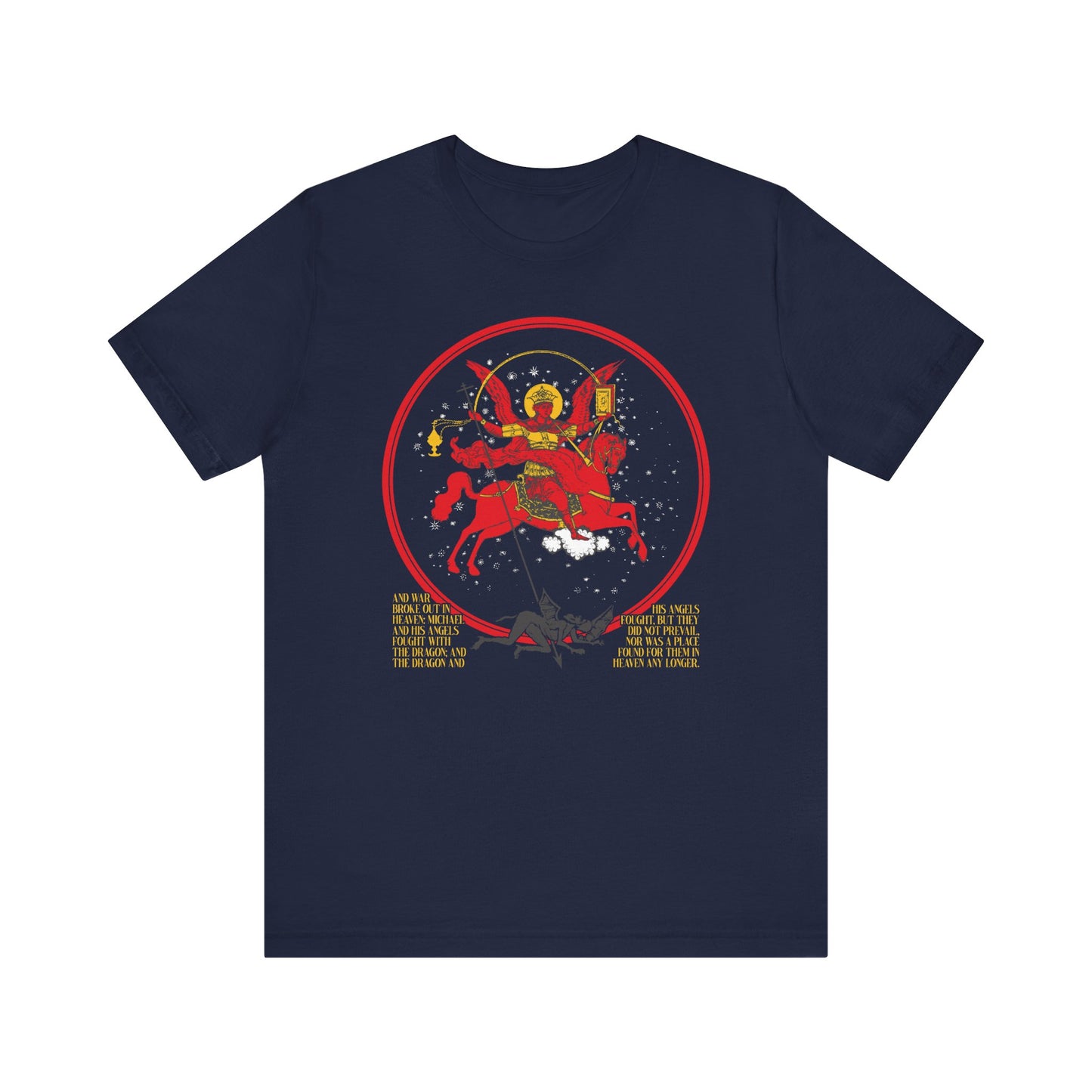 Navy "Archangel Michael of the Apocalypse" double-sided unisex t-shirt in lightweight cotton, featuring a red and gold illustration inspired by Revelation 12:7-9 with surrounding text.