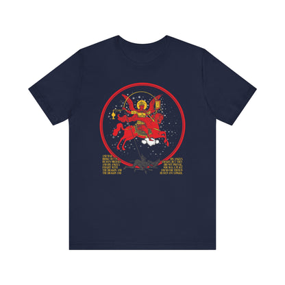 Navy "Archangel Michael of the Apocalypse" double-sided unisex t-shirt in lightweight cotton, featuring a red and gold illustration inspired by Revelation 12:7-9 with surrounding text.