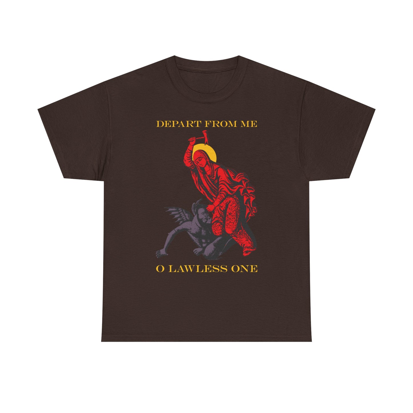 St Marina IconoGraphic (Depart from Me O Lawless One) | Saint Beating the Devil with a Hammer | Orthodox Christian Heavy Cotton T-Shirt