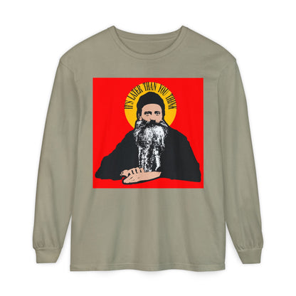 Sandstone long-sleeve shirt with "It's Later Than You Think"—Fr Seraphim Rose quote in a yellow halo—honoring this modern American Orthodox Christian saint.