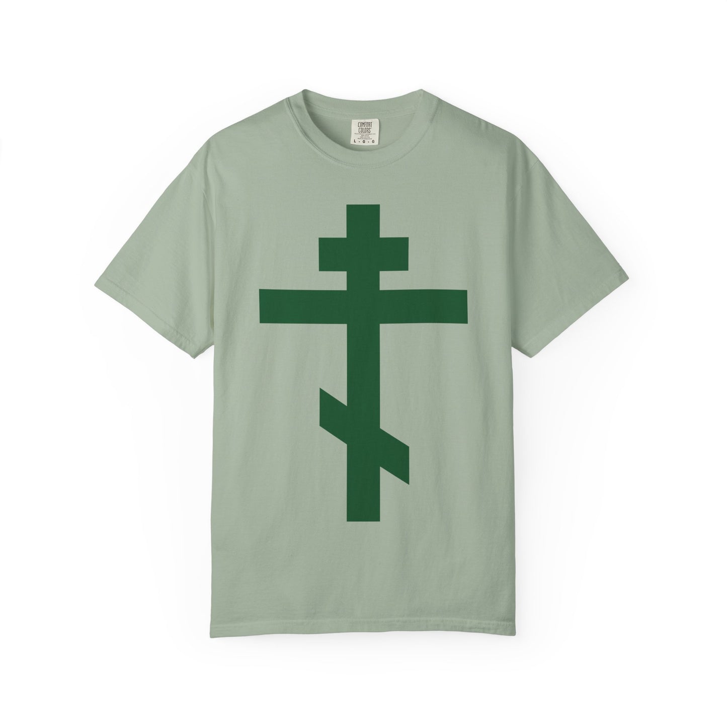 Bay-colored heavyweight cotton unisex tee featuring a large dark green Orthodox Tribar Cross on the front, inspired by the timeless faith of the Troparion—Preserve Thy People By Thy Cross, O Lord.