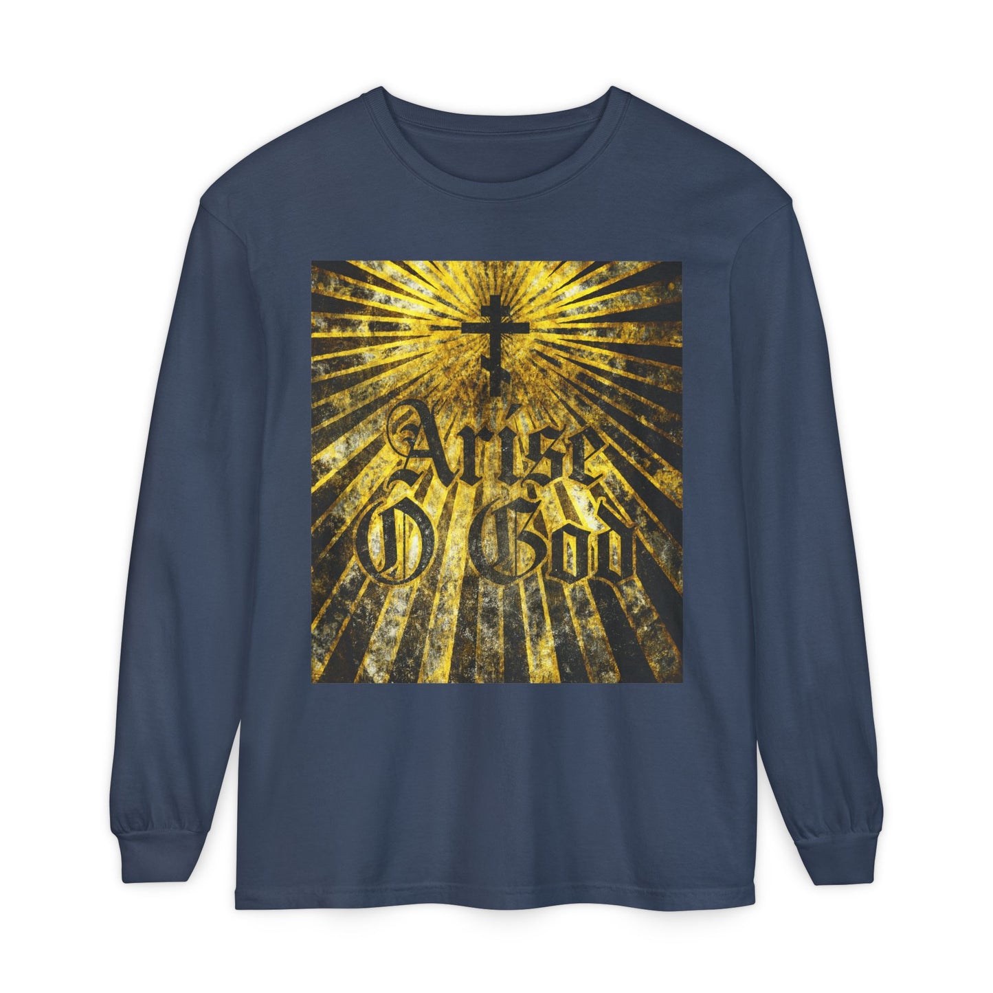 Midnight long-sleeve shirt with Orthodox cross and golden rays, featuring "Arise O God" in textured Gothic font (Psalm 81/82 LXX) inspired by the Divine Council worldview—an Orthodox Christian design.