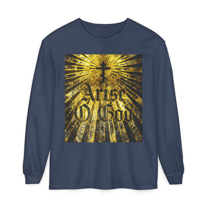 Midnight long-sleeve shirt with Orthodox cross and golden rays, featuring "Arise O God" in textured Gothic font (Psalm 81/82 LXX) inspired by the Divine Council worldview—an Orthodox Christian design.