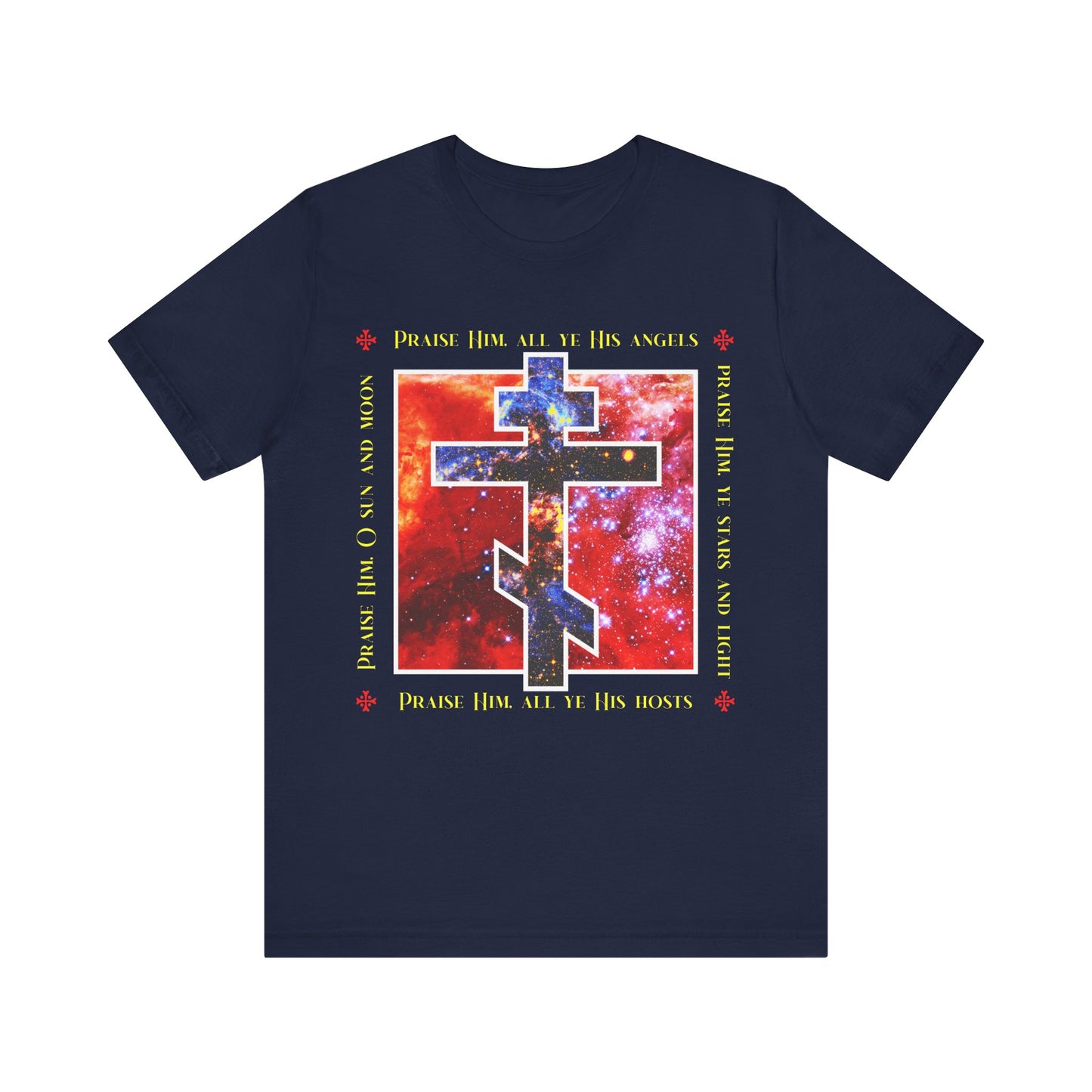 Navy unisex cotton t-shirt featuring a cosmic Orthodox cross with a red-yellow border and “Praise Him, all ye His angels,” inspired by the Divine Council. Celebrate faith in style with this Christian-themed shirt.