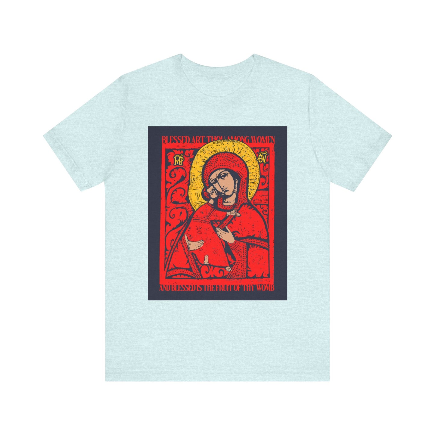 Heather Prism Ice Blue unisex lightweight cotton T-shirt featuring a red and gold Orthodox Christian iconographic print of the Vladimir Theotokos, depicting a haloed Virgin holding a book, inspired by traditional Blessed Art Thou Among Women imagery.