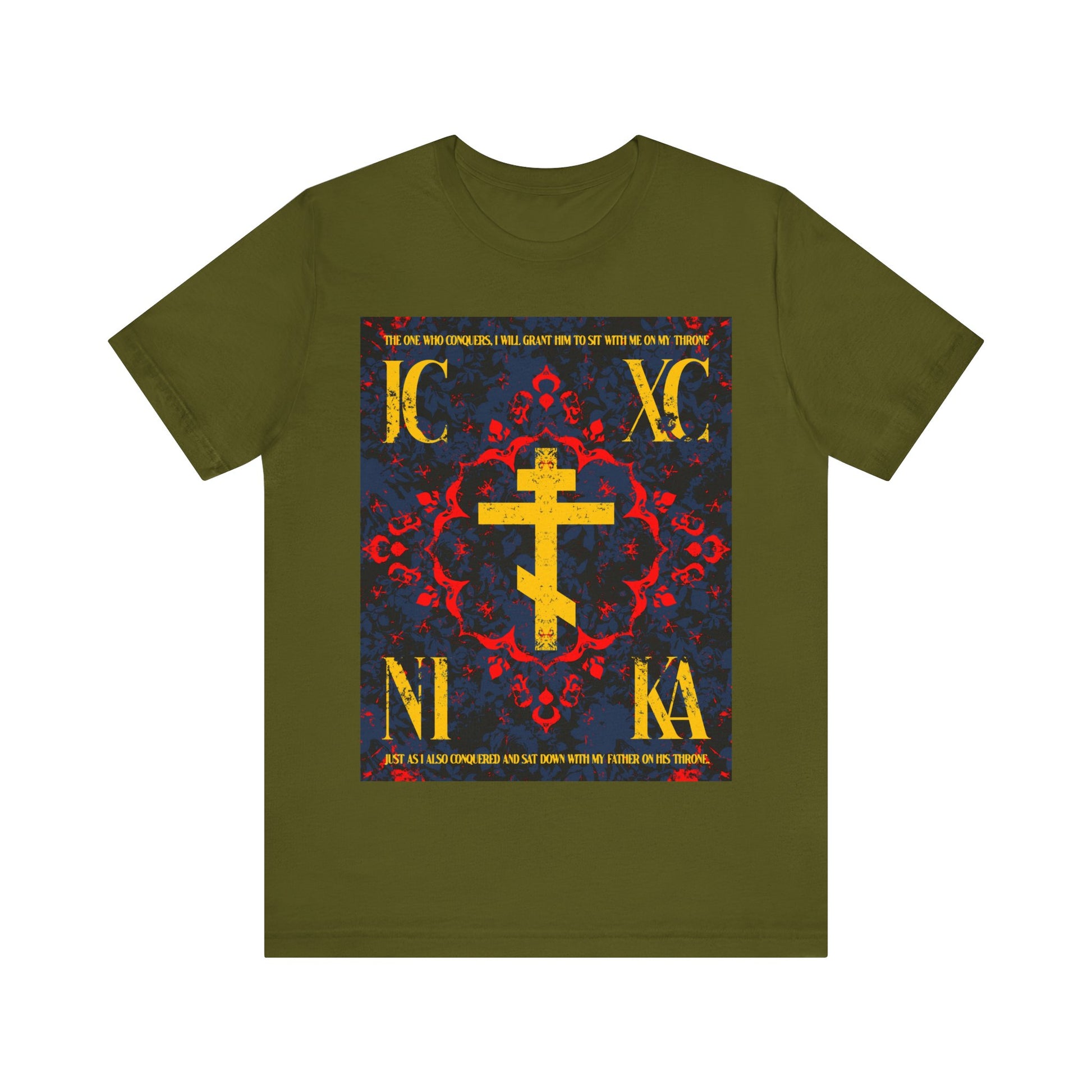 Olive IC XC NIKA Orthodox Cross t-shirt with a medieval floral design and religious text referencing "The One Who Conquers" (Revelation 3:21), inspired by Orthodox Christian tradition.