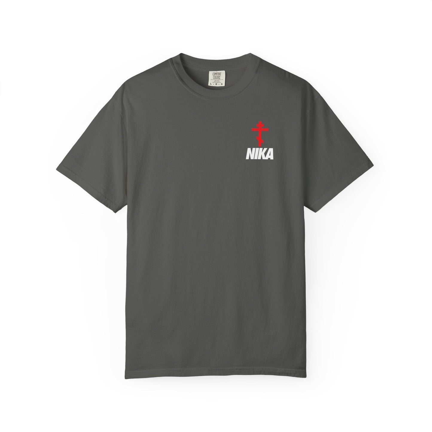 Orthodox Cross with Bold NIKA Text | Small Design | NIKE Logo Mashup | Athletic Ascetic Fashion | Christian Heavyweight Cotton Unisex Tee