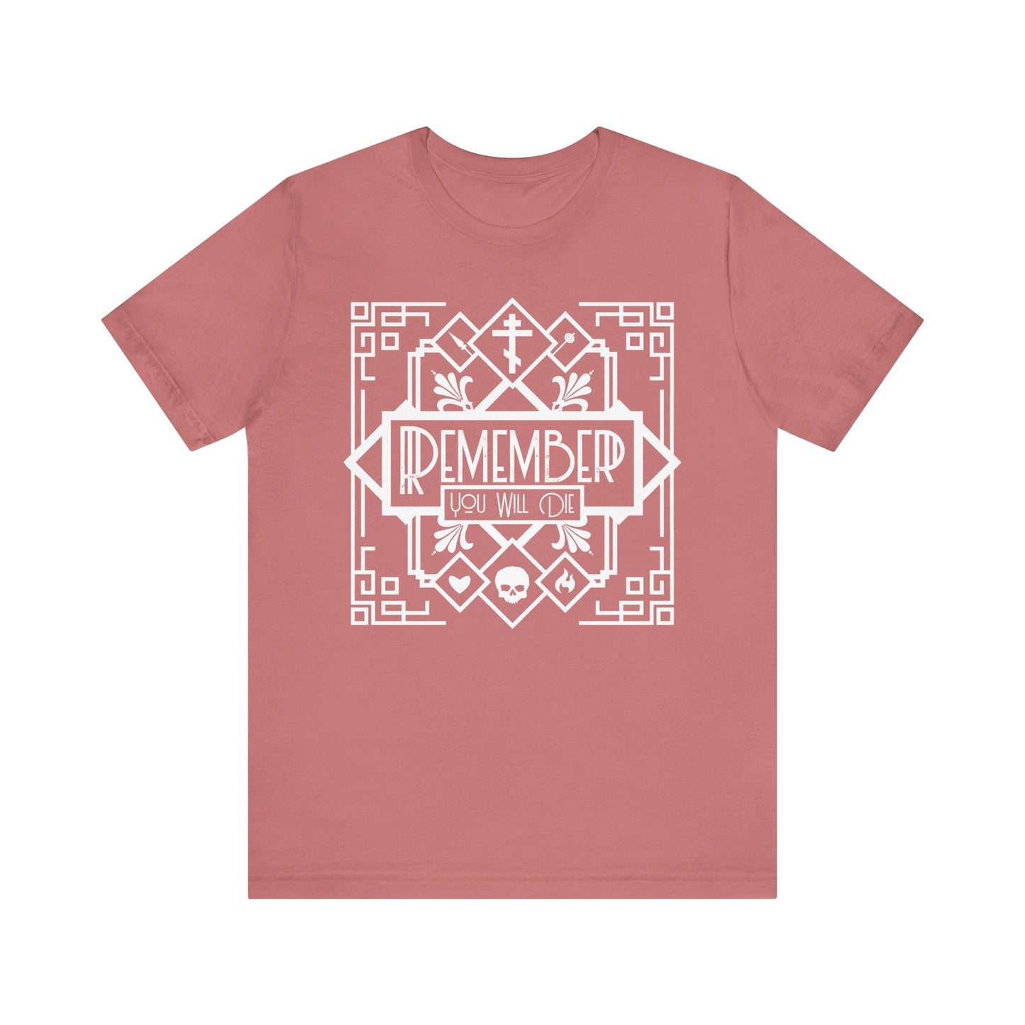 Mauve unisex tee featuring a black and white Art Deco "Remember You Will Die" design with skull, heart, and fire motifs in lightweight cotton—a modern memento mori.