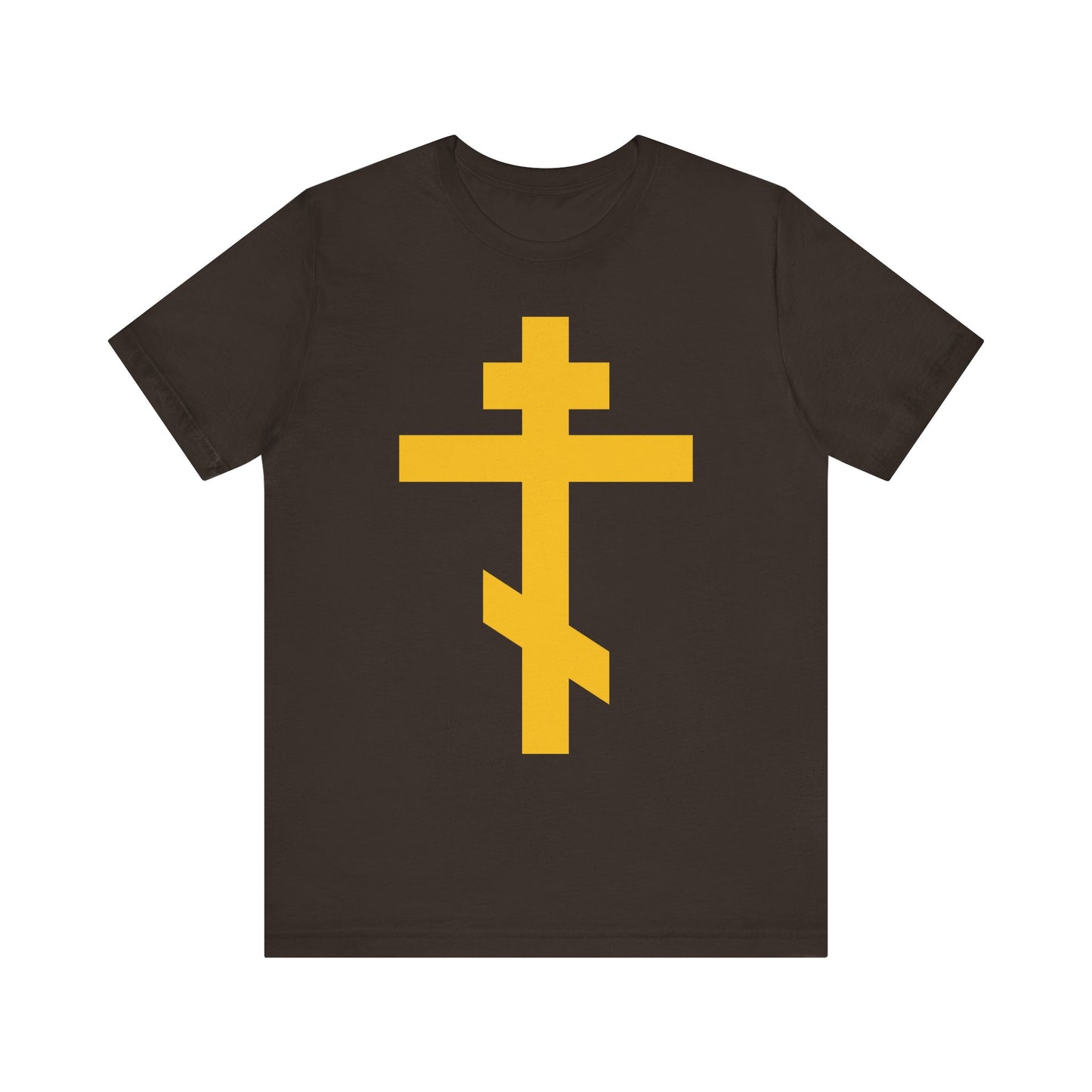 Black t-shirt featuring a large yellow Orthodox cross on the front, inspired by the concept of the "Precious and Life-Giving Weapon of Unseen Warfare"—the Scourge of Demons—making it a meaningful Christian lightweight cotton unisex tee for those reflecting on Galatians 2:20 and being crucified with Christ.