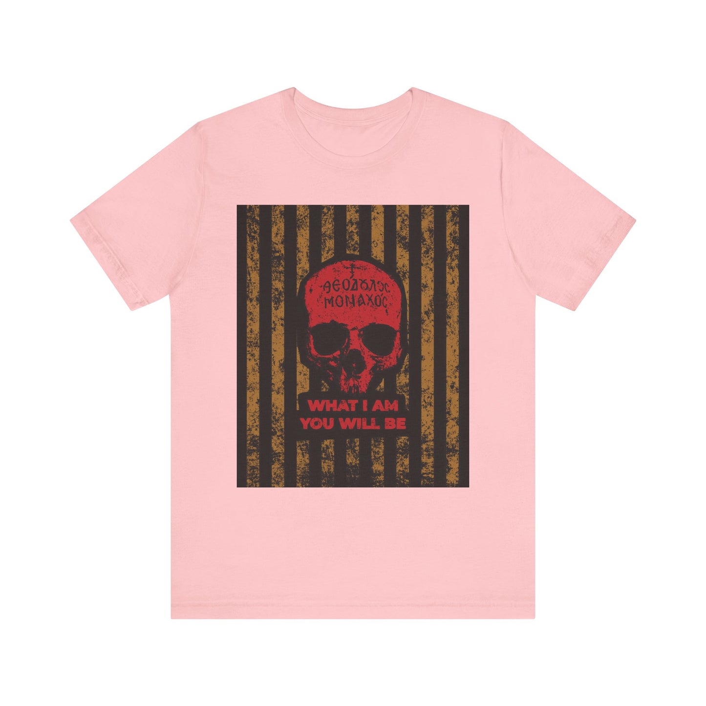 Pink "What I Am You Will Be" lightweight cotton unisex t-shirt featuring a Mt. Athos monk skull graphic, Greek text, and the phrase WHAT I AM YOU WILL BE on a striped background—drawing inspiration from memento mori, ascetic ethos, and the teachings on remembrance of death.