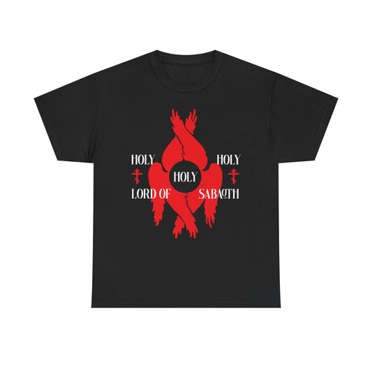 Black tee featuring red seraphim wings, Orthodox crosses, and "Holy Holy Holy Lord of Sabaoth" from Isaiah 6:3; inspired by the Divine Council and Holy Anaphora. Midweight unisex cotton.