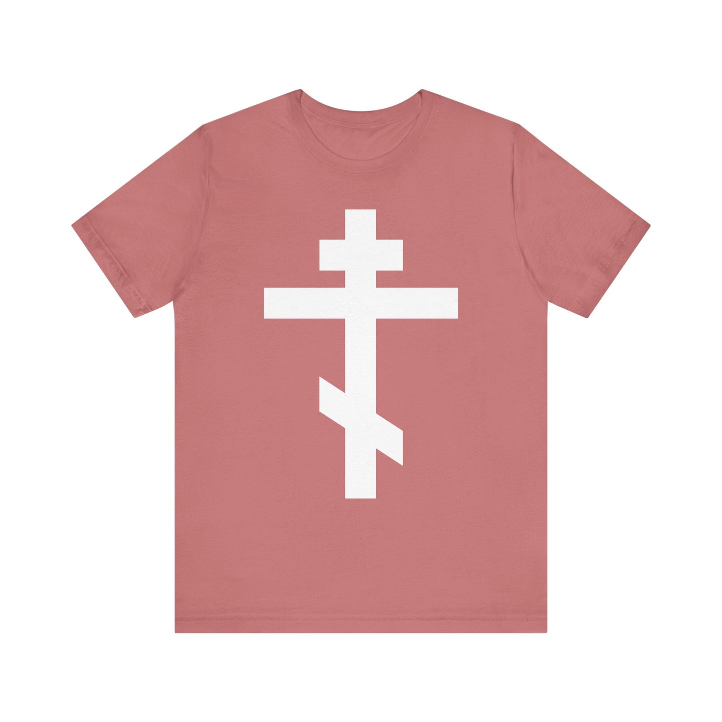 Mauve unisex lightweight cotton tee featuring a large white Orthodox cross on the front, inspired by the teachings of St. John of Kronstadt and bearing the words, "By the power of Thy Cross do Thou preserve Thy people.