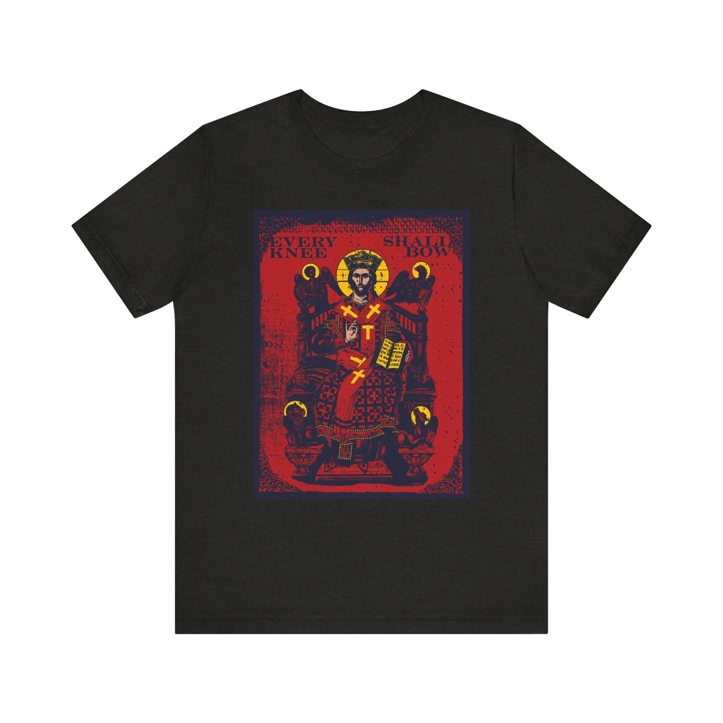 Black Heather unisex t-shirt featuring a vibrant Christ Enthroned graphic with "Every Knee Shall Bow" (Phil 2:8-11, Isaiah 45:23) and Ezekiel's Chariot, on soft lightweight cotton.