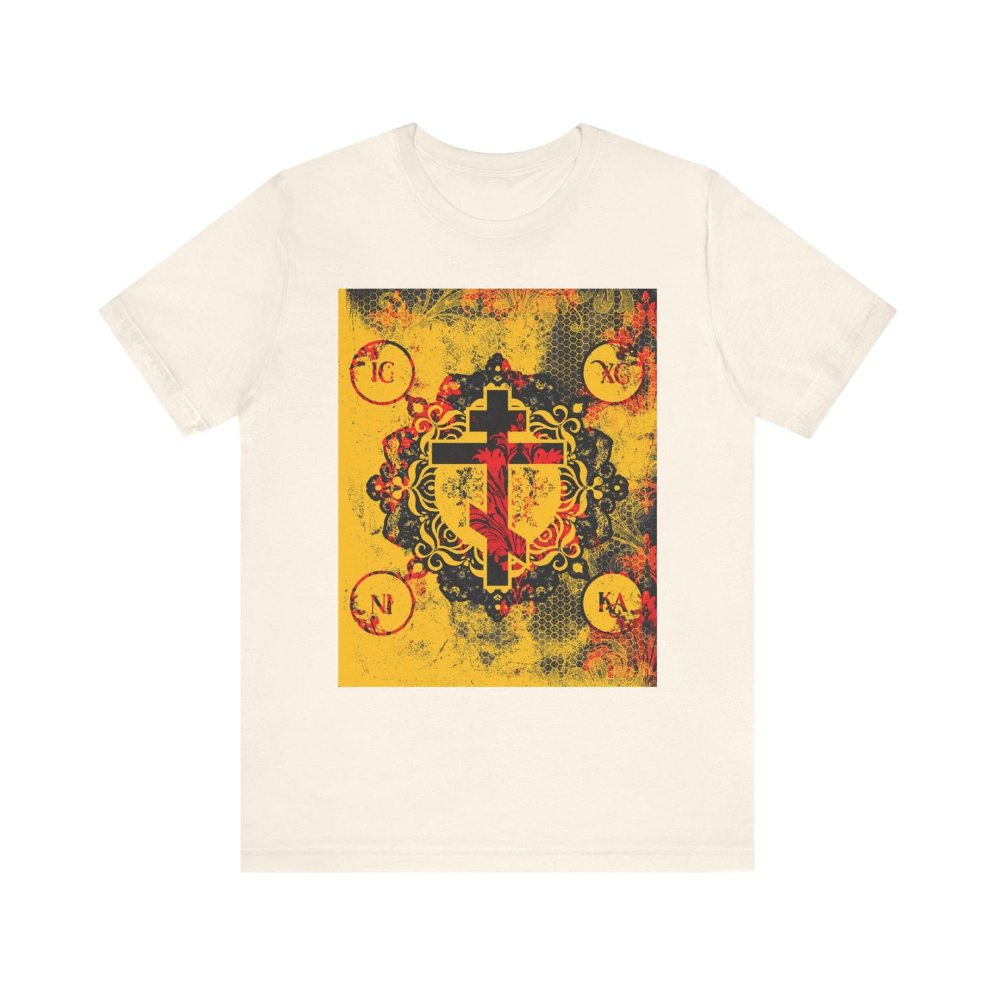 Natural-colored unisex t-shirt featuring a bold IC XC NIKA Orthodox Cross in yellow and red with modern and medieval floral designs—celebrating the significance of Christ's sacrifice. Lightweight cotton.
