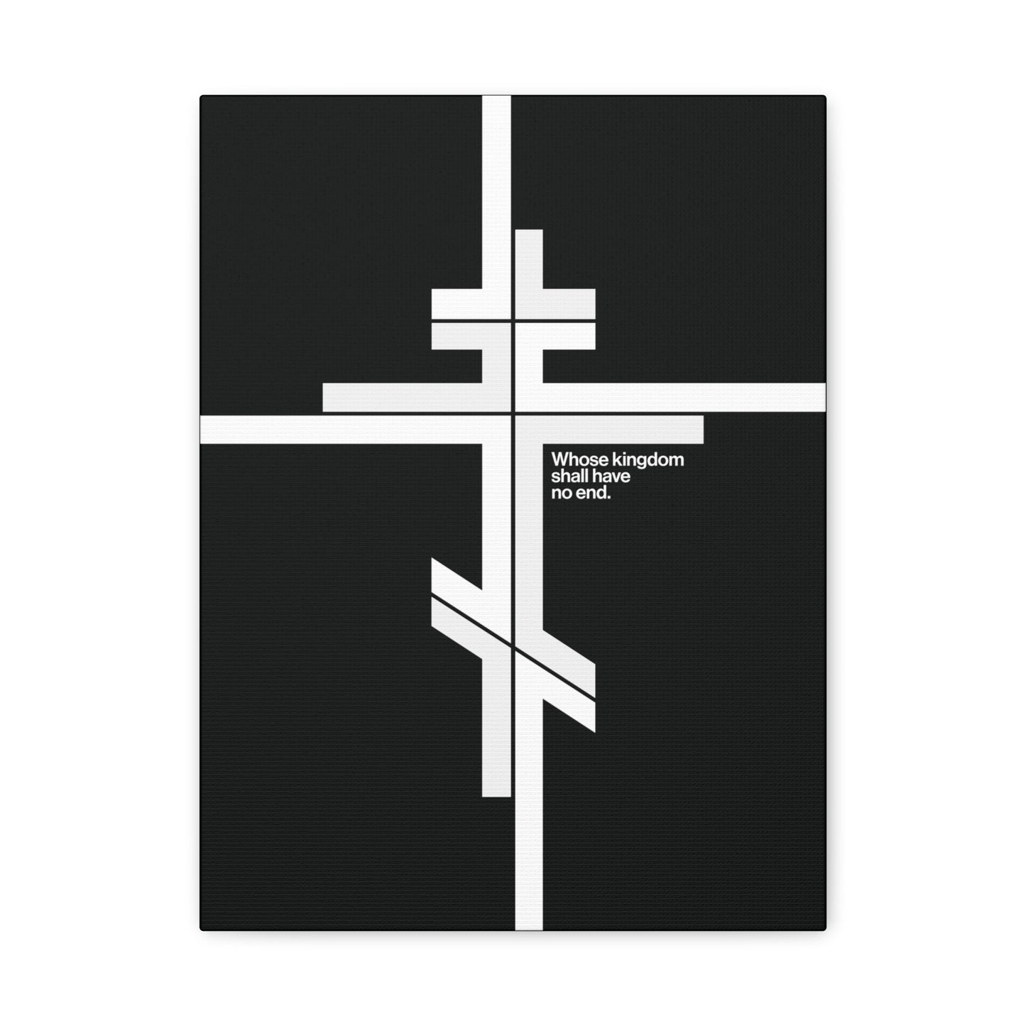 The "Whose Kingdom Shall Have No End" canvas art features a modernist minimalist Orthodox cross on black, inspired by Luke 1:32-33 and Orthodox doctrine of Christ’s eternal kingdom.