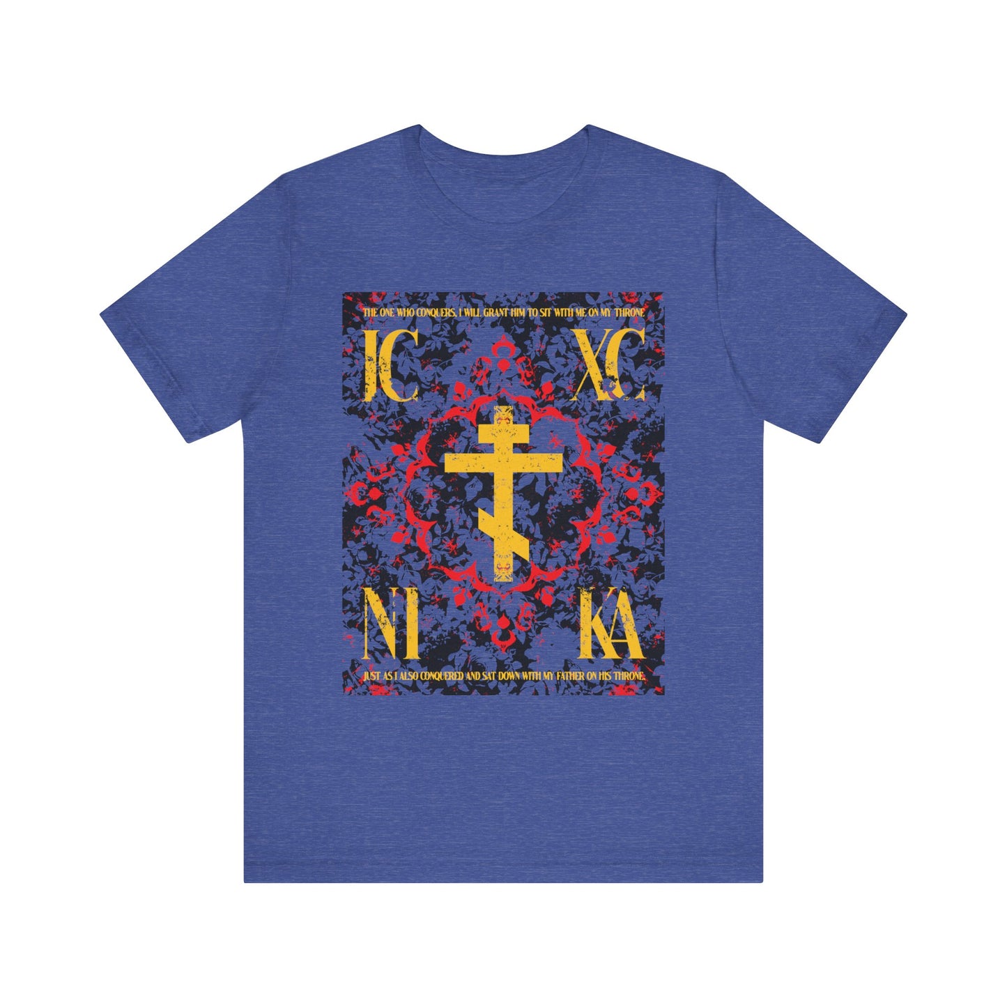Heather True Royal t-shirt featuring the IC XC NIKA Orthodox Cross with a medieval floral design and "The One Who Conquers" (Revelation 3:21), crafted from lightweight cotton for unisex wear.