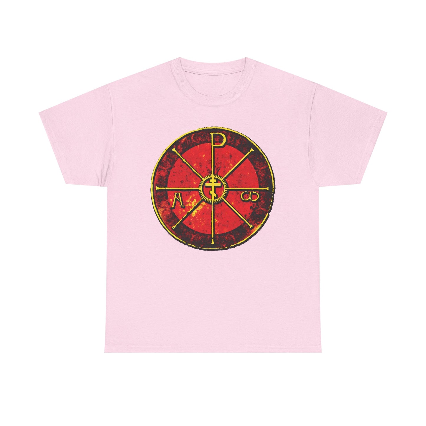 Light pink Alpha & Omega Chi Rho Orthodox Cross t-shirt featuring an ancient Christogram and Greek symbols inspired by Saint Ambrose's Chrismon. Midweight cotton; "In This Sign Ye Shall Conquer" design on chest.